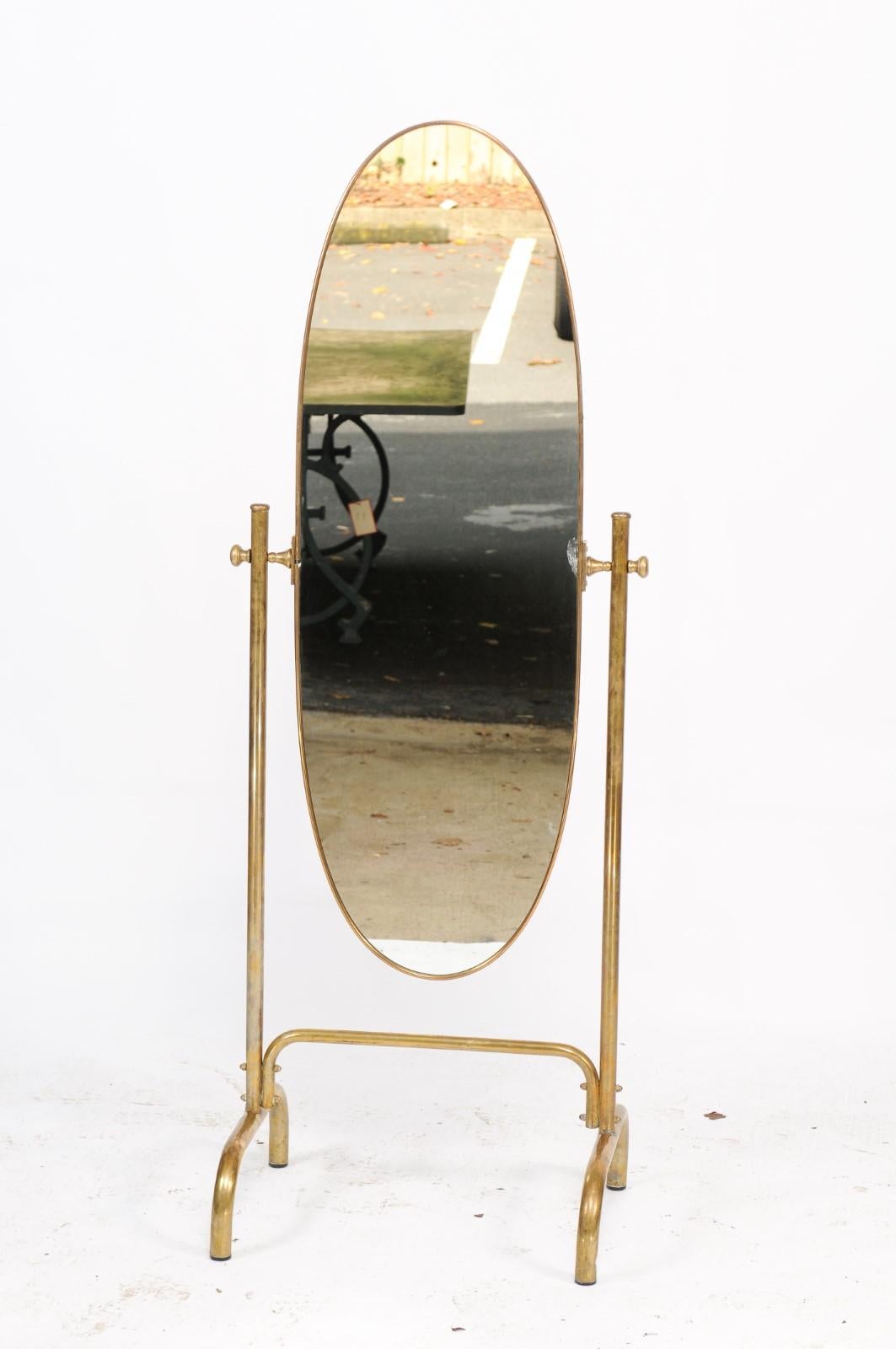 Vintage Italian Midcentury Brass Standing Cheval Mirror with Oval Frame, 1960s 4