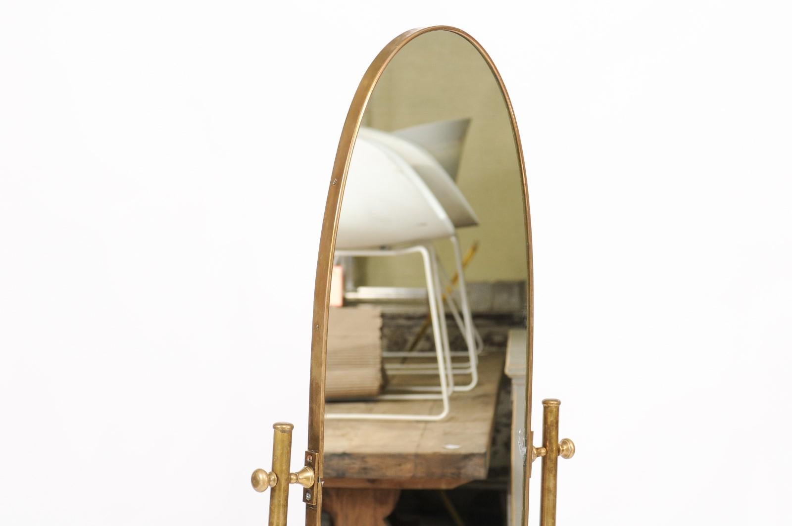 20th Century Vintage Italian Midcentury Brass Standing Cheval Mirror with Oval Frame, 1960s