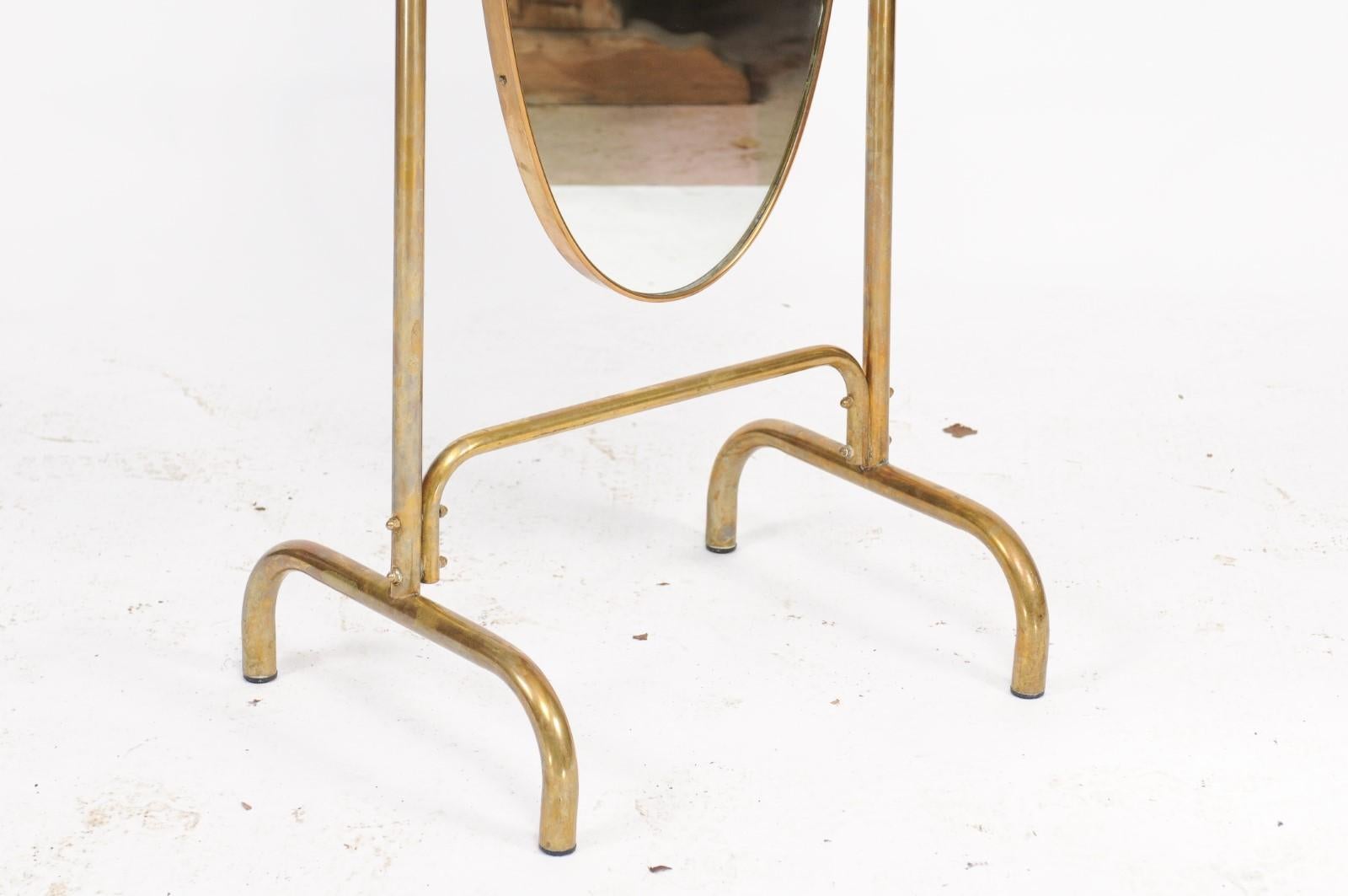 Vintage Italian Midcentury Brass Standing Cheval Mirror with Oval Frame, 1960s 2