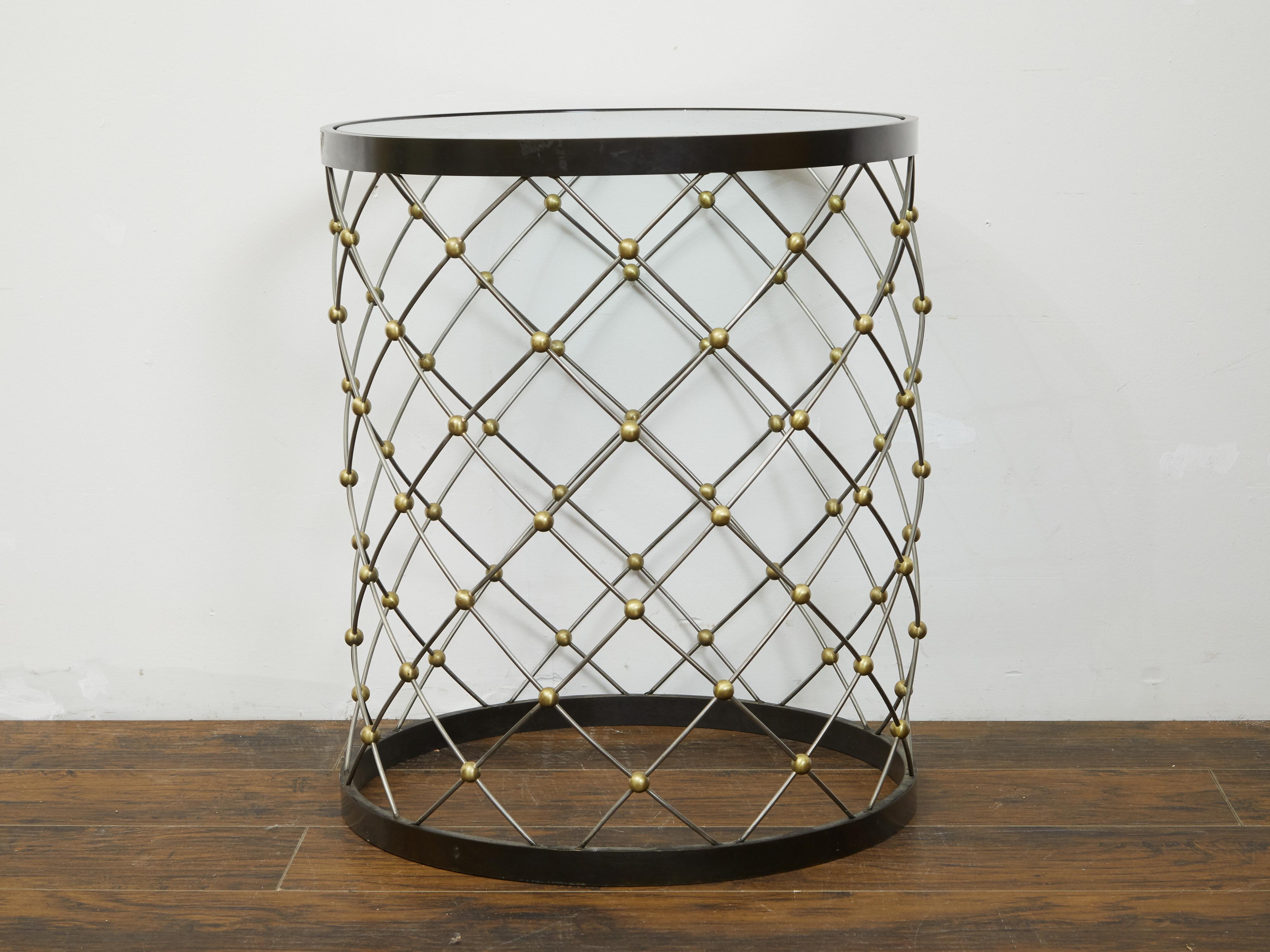 Mid-Century Modern Vintage Italian Midcentury Bronze Drum Side Table with Circular Glass Top For Sale