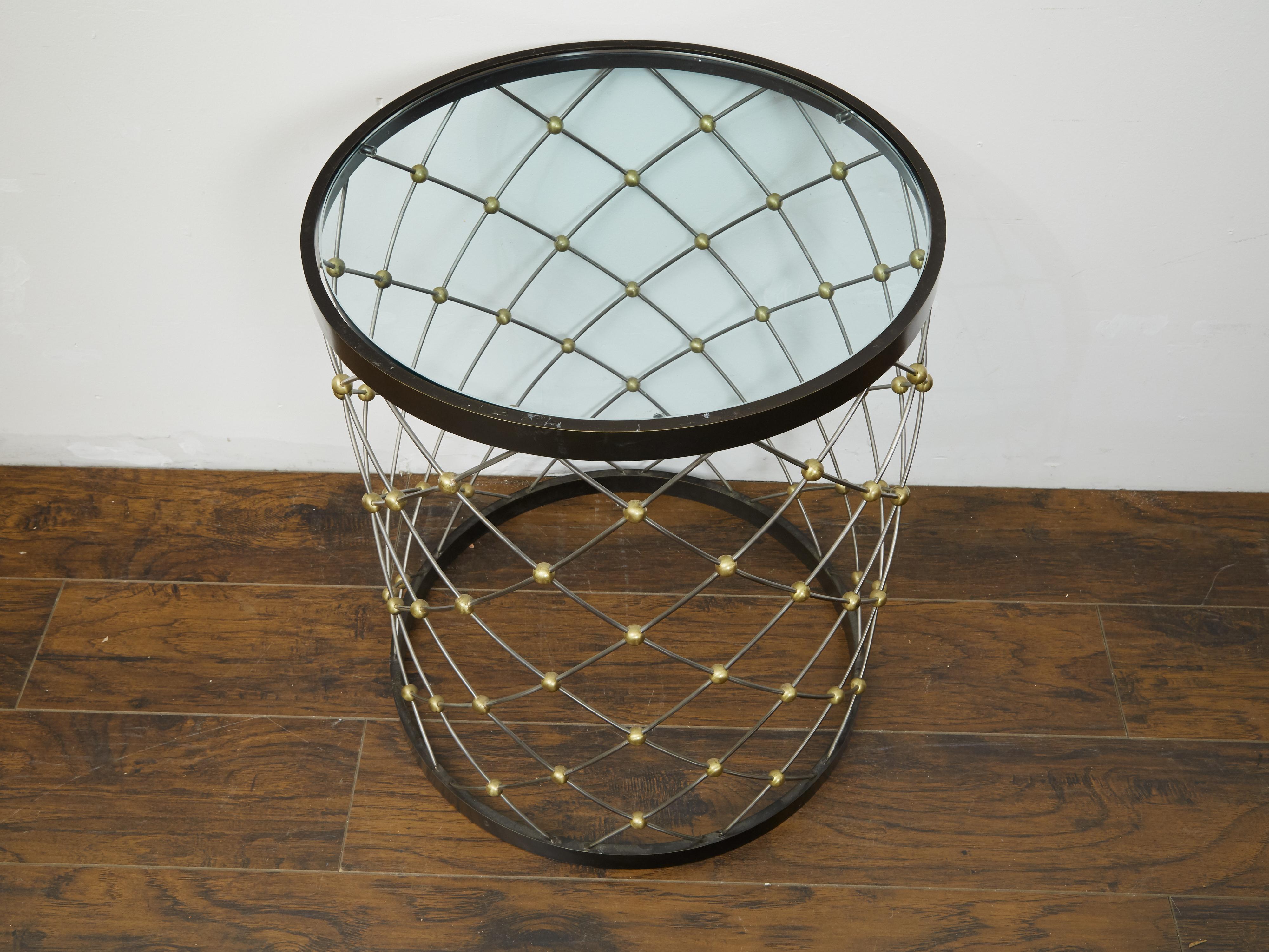 Vintage Italian Midcentury Bronze Drum Side Table with Circular Glass Top For Sale 2
