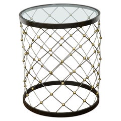 Retro Italian Midcentury Bronze Drum Side Table with Circular Glass Top