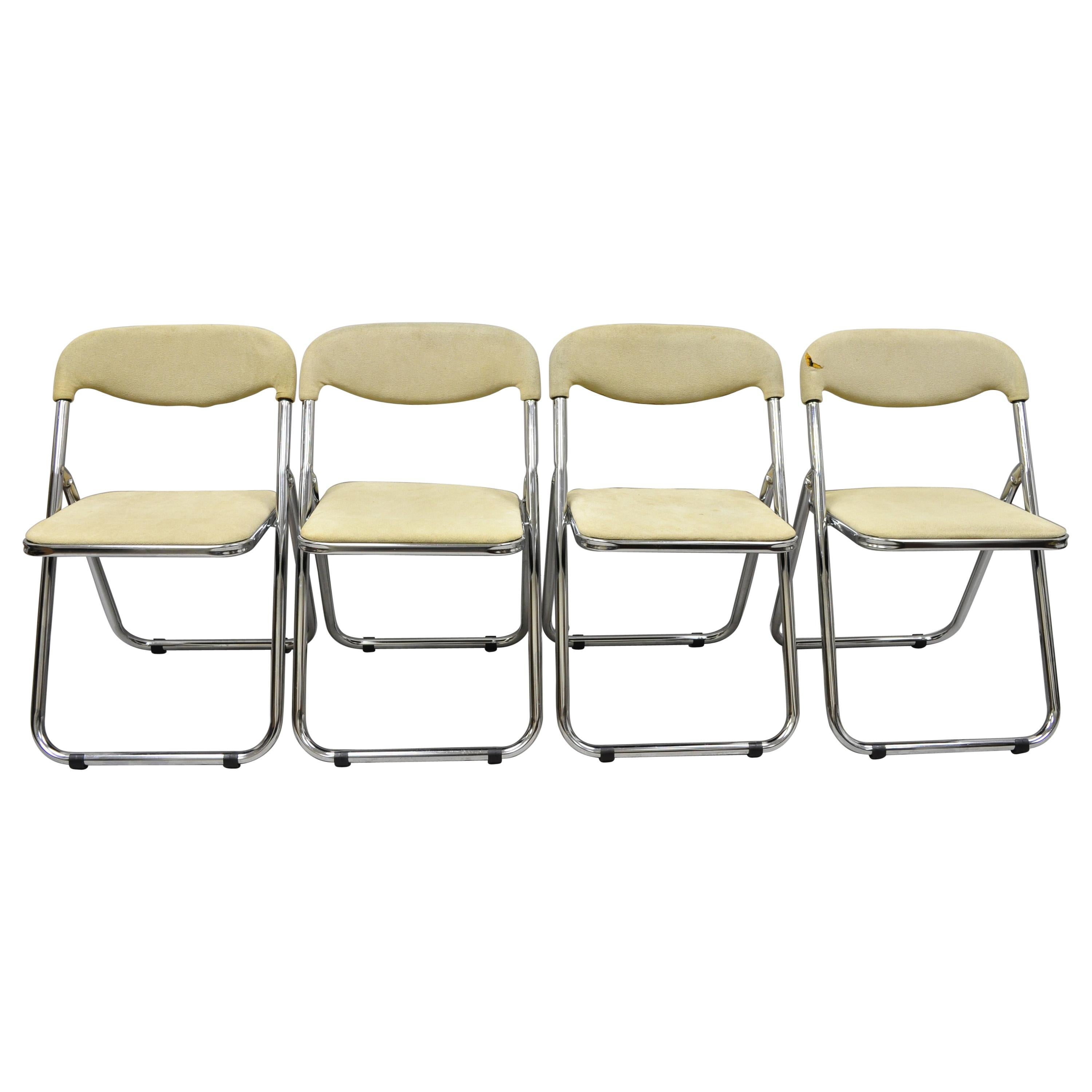 Vintage Italian Midcentury Chrome Upholstered Folding Game Chairs, Set of 4 For Sale
