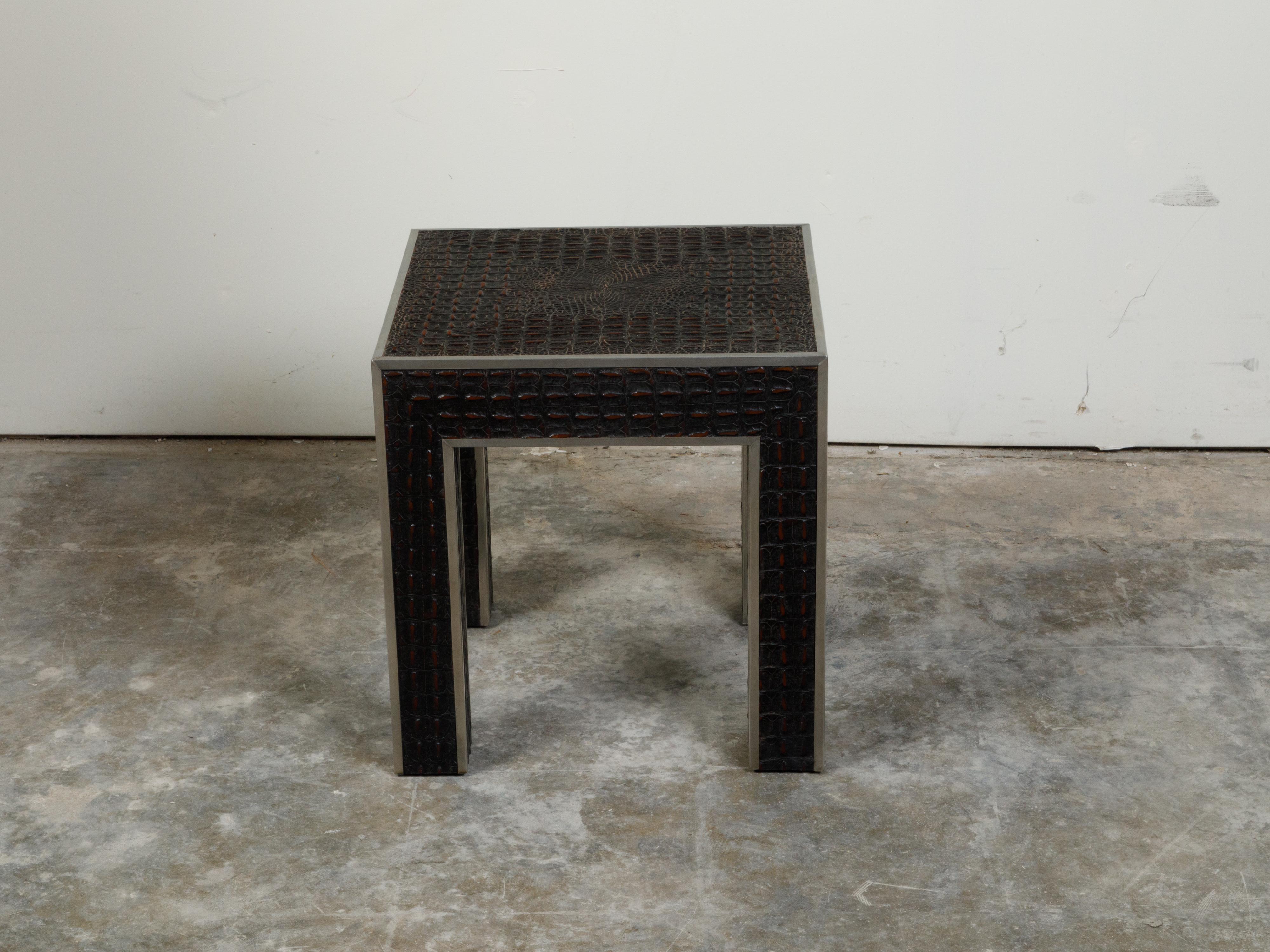 Mid-Century Modern Vintage Italian Midcentury Faux Alligator Side Table with Metal Accents For Sale