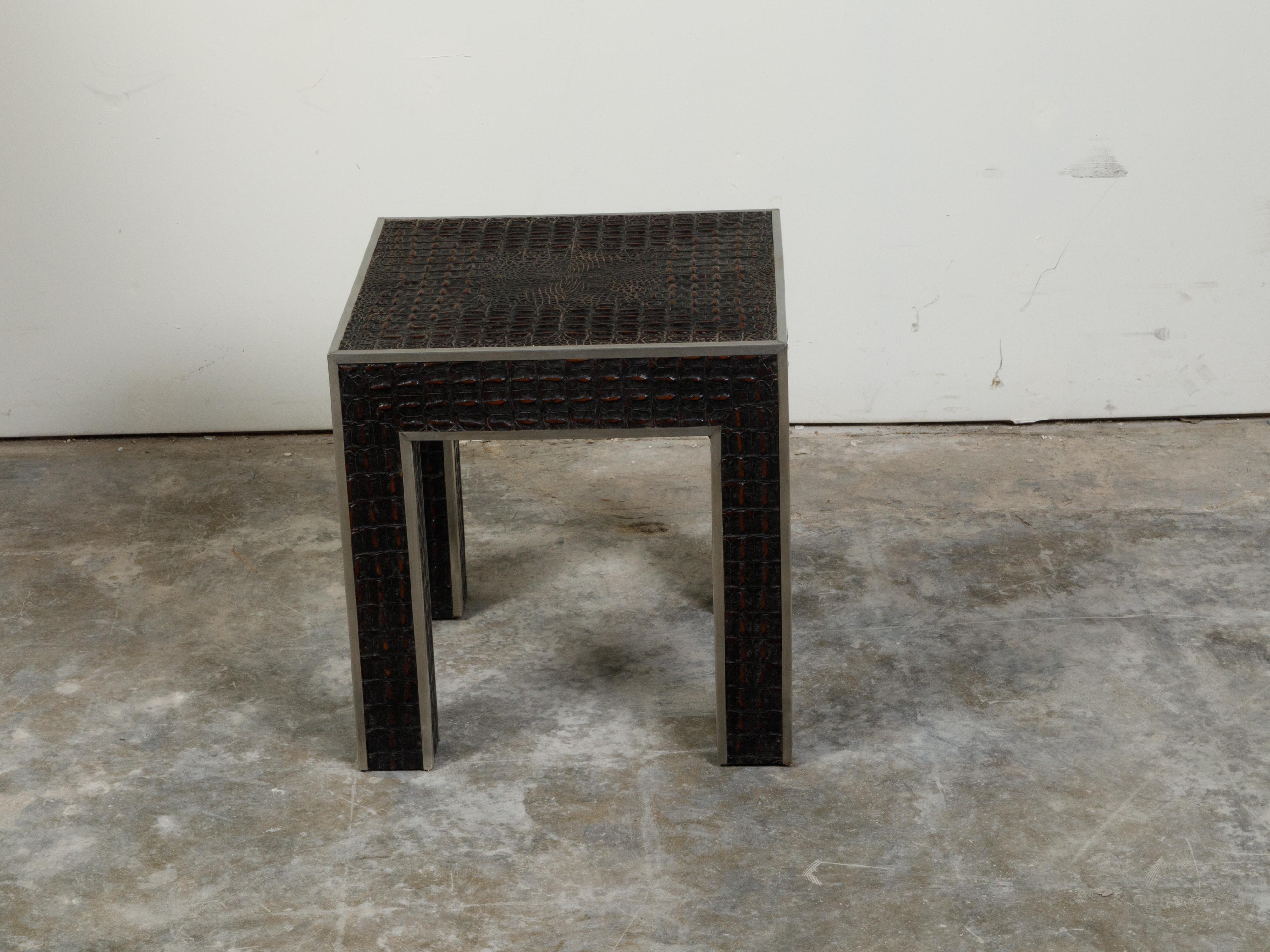 Vintage Italian Midcentury Faux Alligator Side Table with Metal Accents In Good Condition For Sale In Atlanta, GA