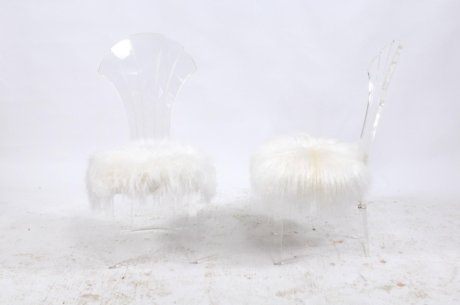 Two Italian vintage Lucite chairs from the mid-20th century with Mongolian fur upholstery and scalloped backs, price and sold individually. These vintage Mid-Century Modern Italian Lucite chairs are as sturdy and comfortable as they are cheeky and