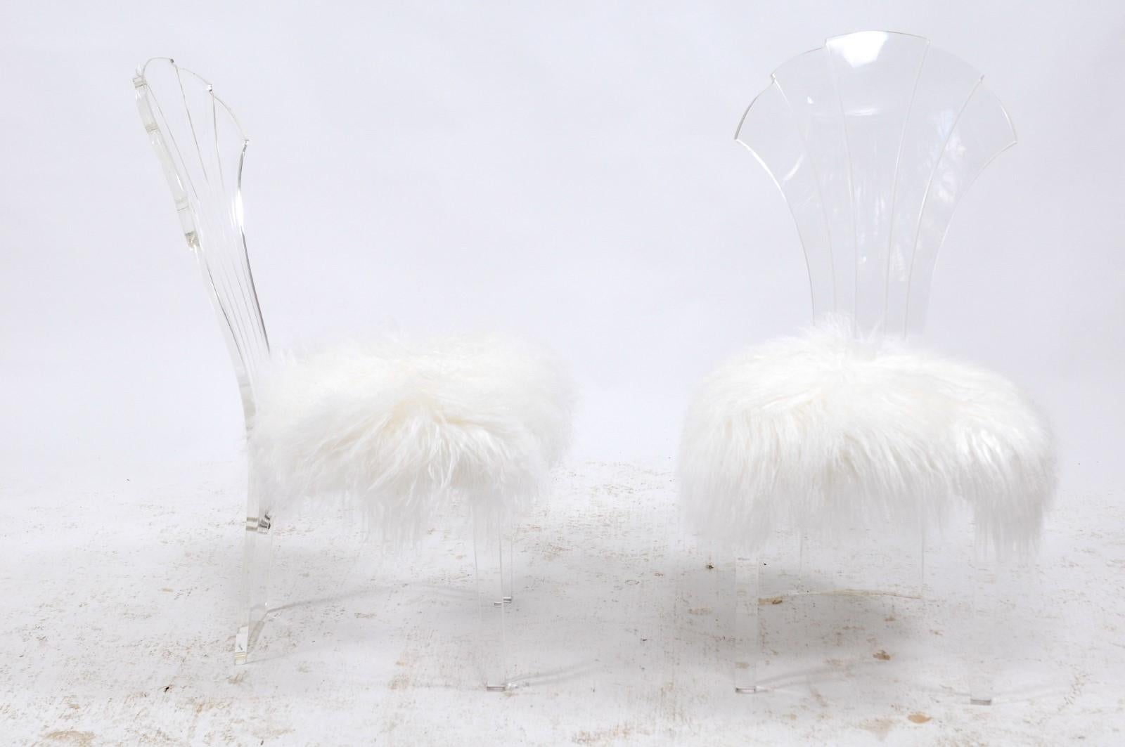 20th Century Vintage Italian Midcentury Lucite Chair with Mongolian Fur and Scalloped Back