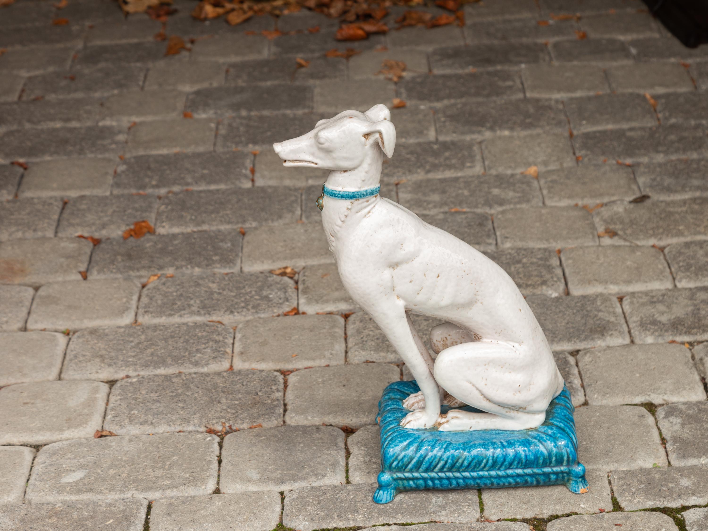 Vintage Italian Midcentury Porcelain Greyhound Dog Sitting on Blue Cushion For Sale 3