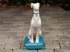 Vintage Italian Midcentury Porcelain Greyhound Dog Sitting on Blue Cushion