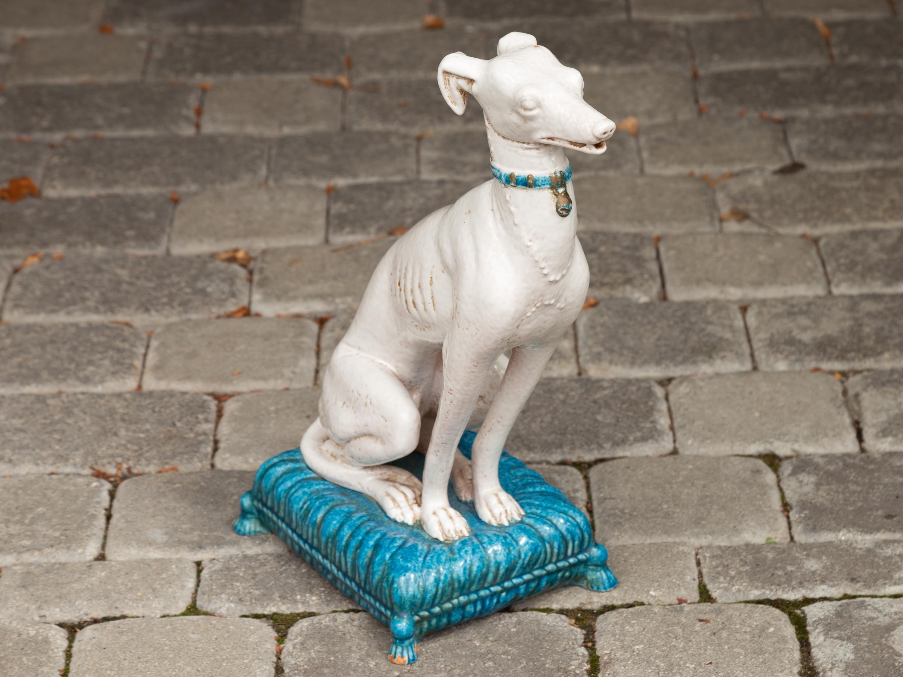 Mid-Century Modern Vintage Italian Midcentury Porcelain Greyhound Dog Sitting on Blue Cushion en vente