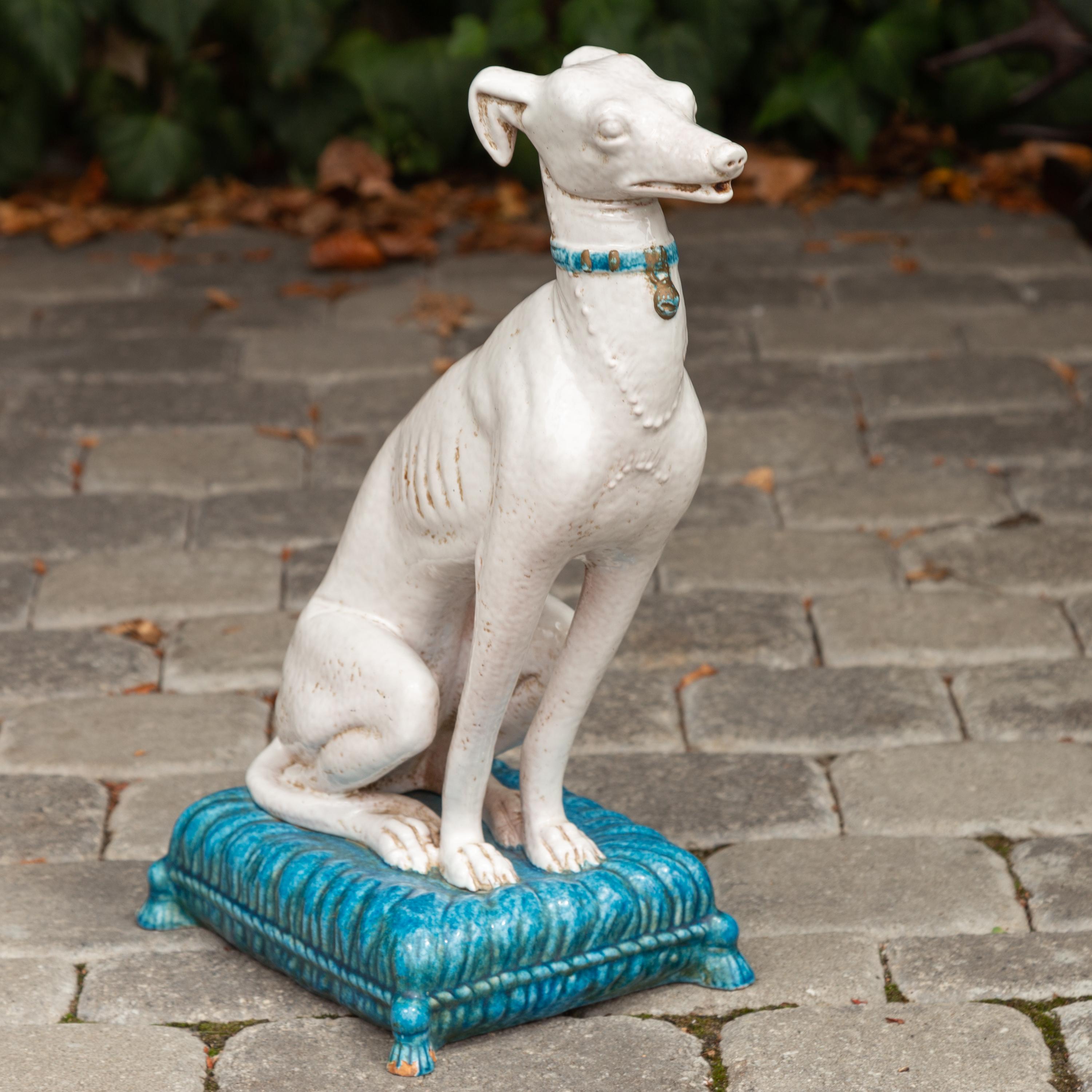 italien Vintage Italian Midcentury Porcelain Greyhound Dog Sitting on Blue Cushion en vente
