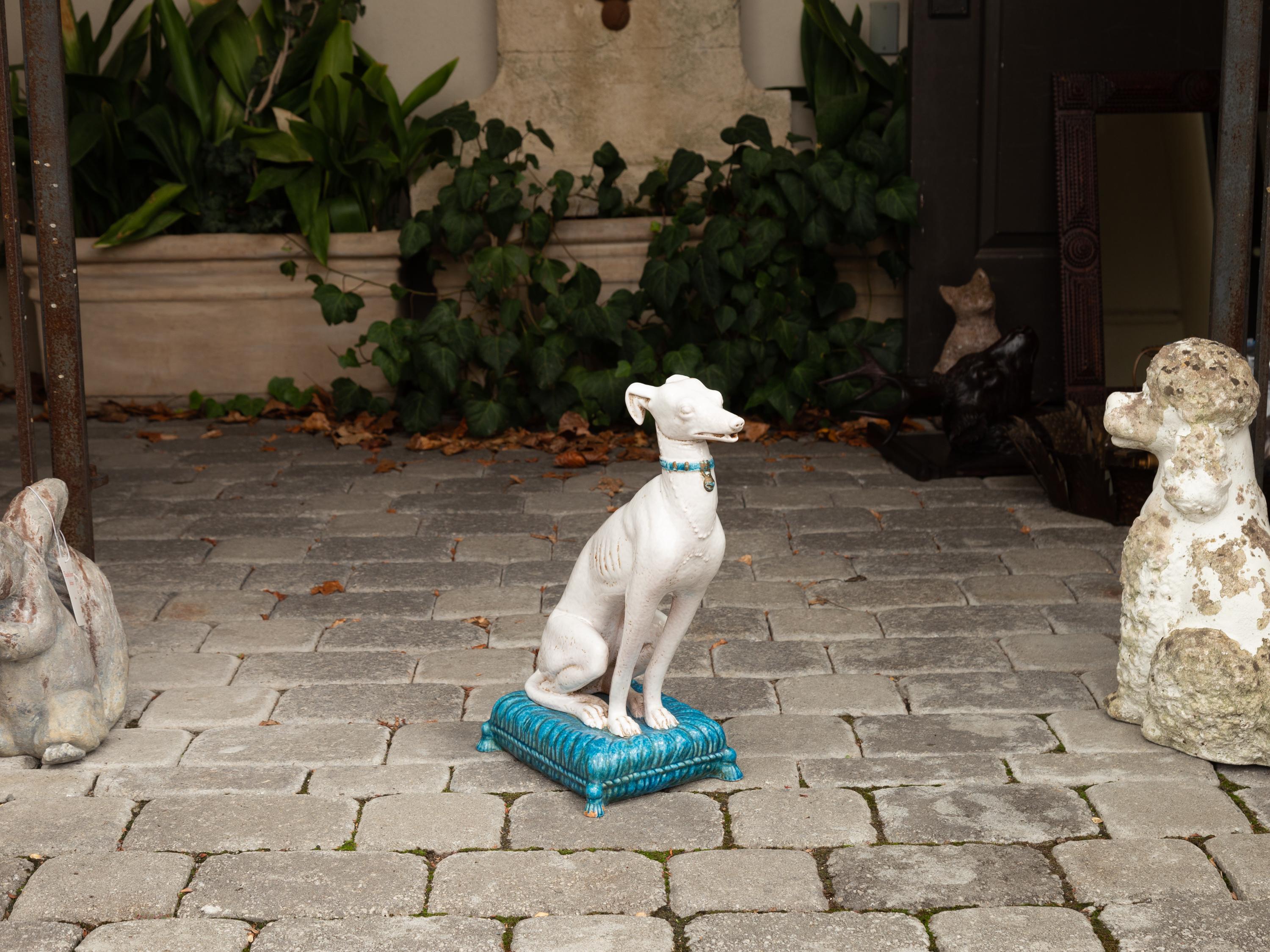 Vintage Italian Midcentury Porcelain Greyhound Dog Sitting on Blue Cushion Bon état - En vente à Atlanta, GA