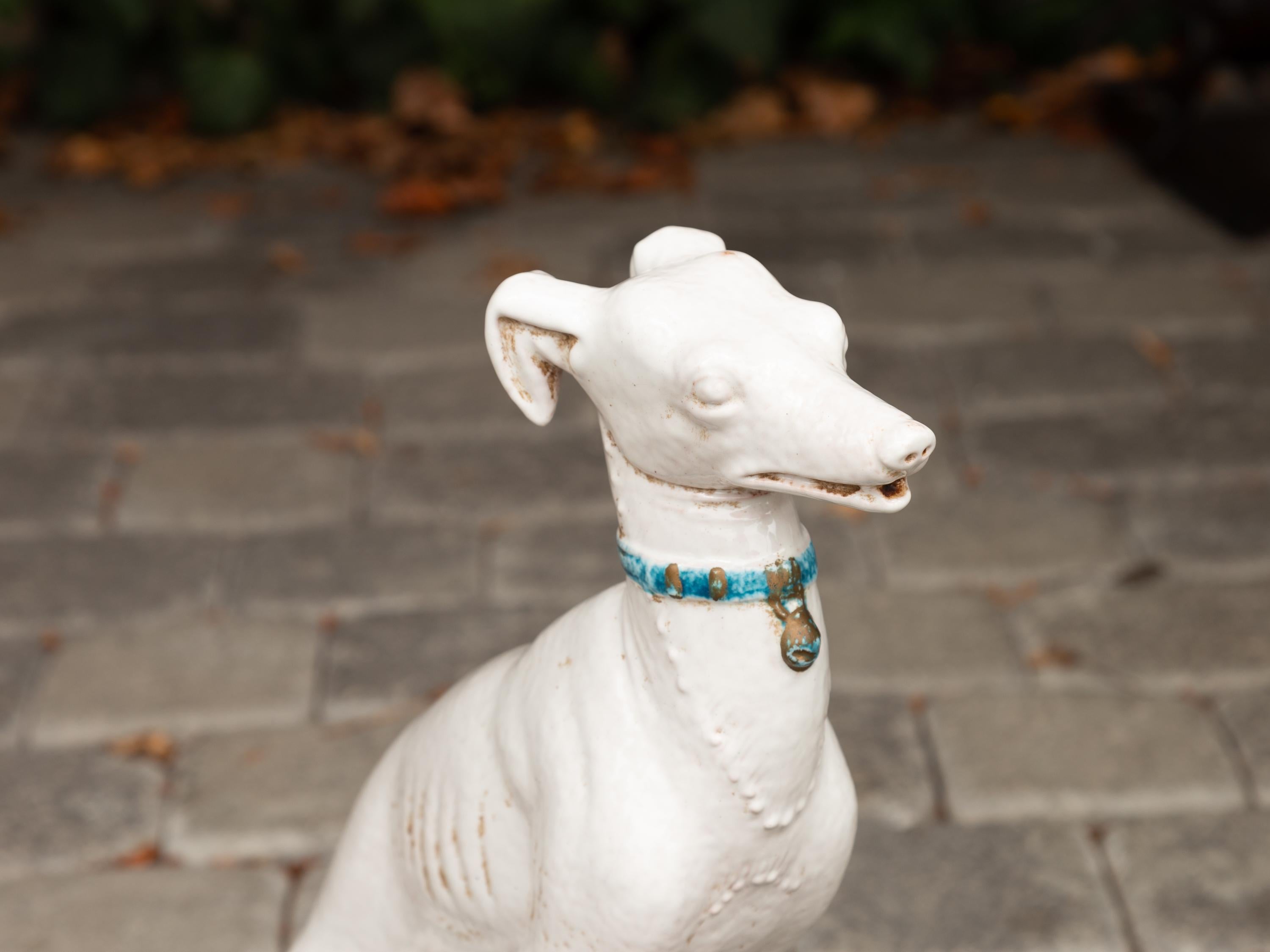 20ième siècle Vintage Italian Midcentury Porcelain Greyhound Dog Sitting on Blue Cushion en vente