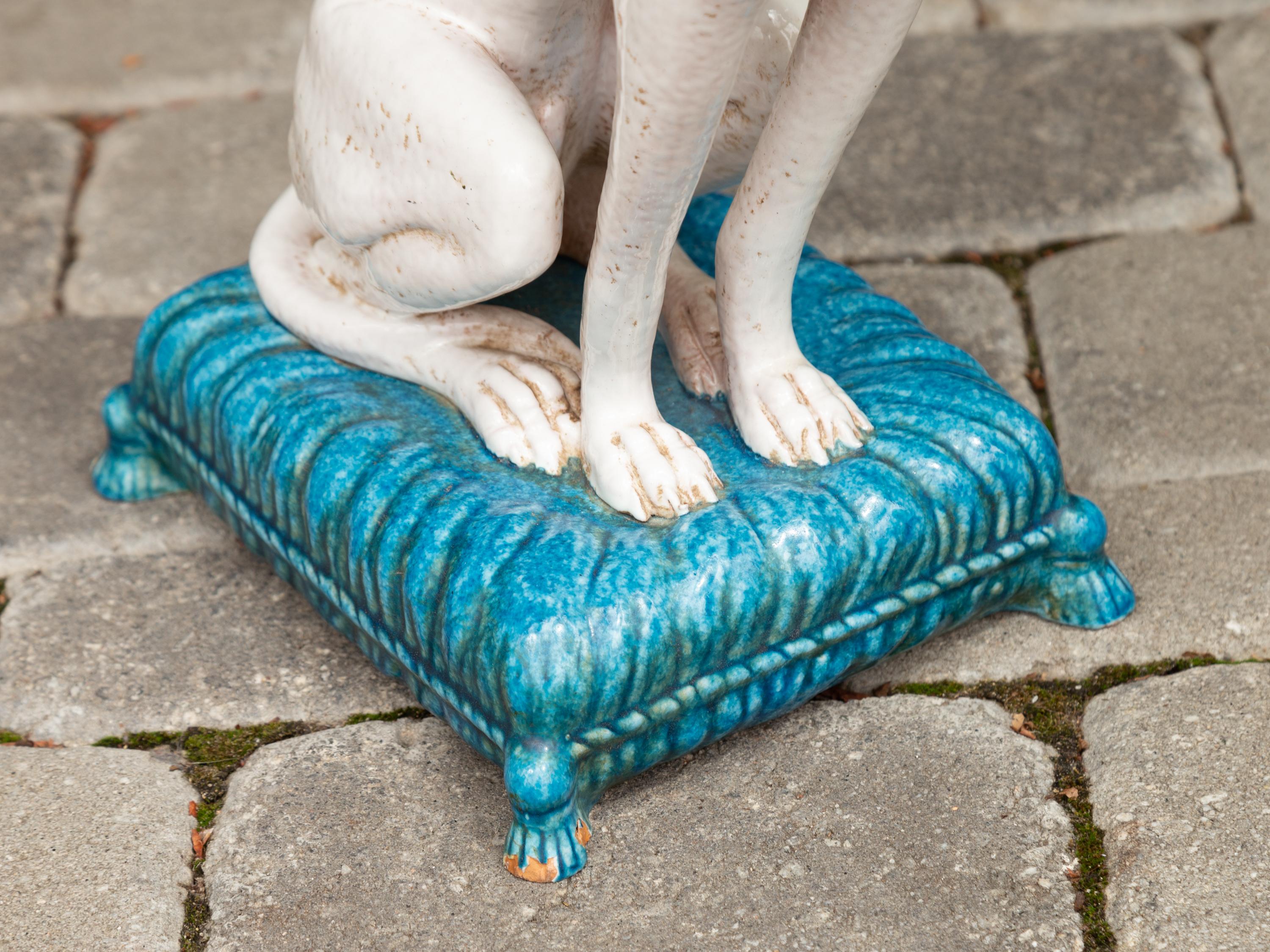 Porcelaine Vintage Italian Midcentury Porcelain Greyhound Dog Sitting on Blue Cushion en vente