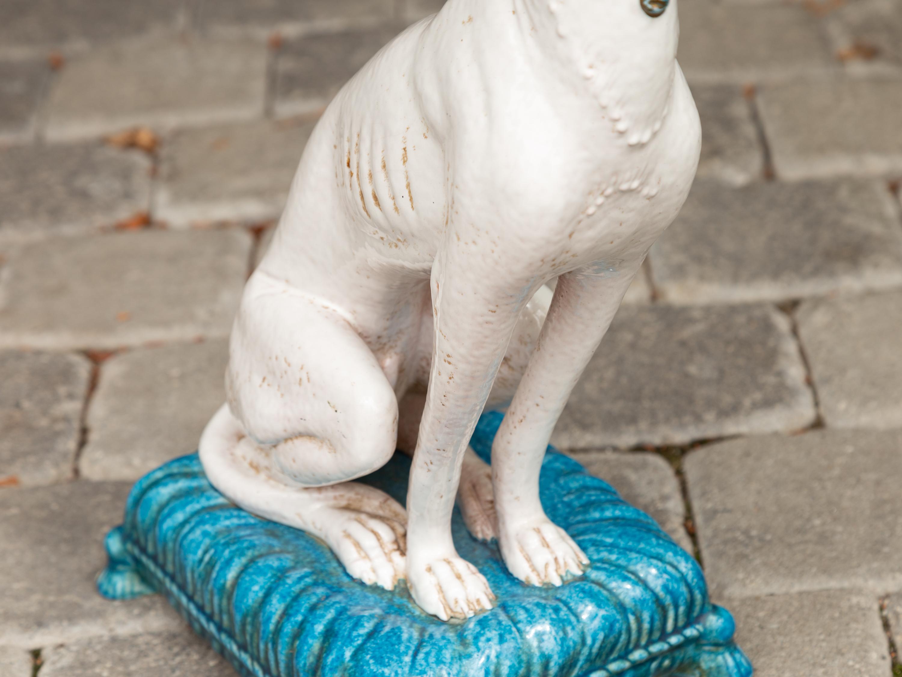 20th Century Vintage Italian Midcentury Porcelain Greyhound Dog Sitting on Blue Cushion For Sale