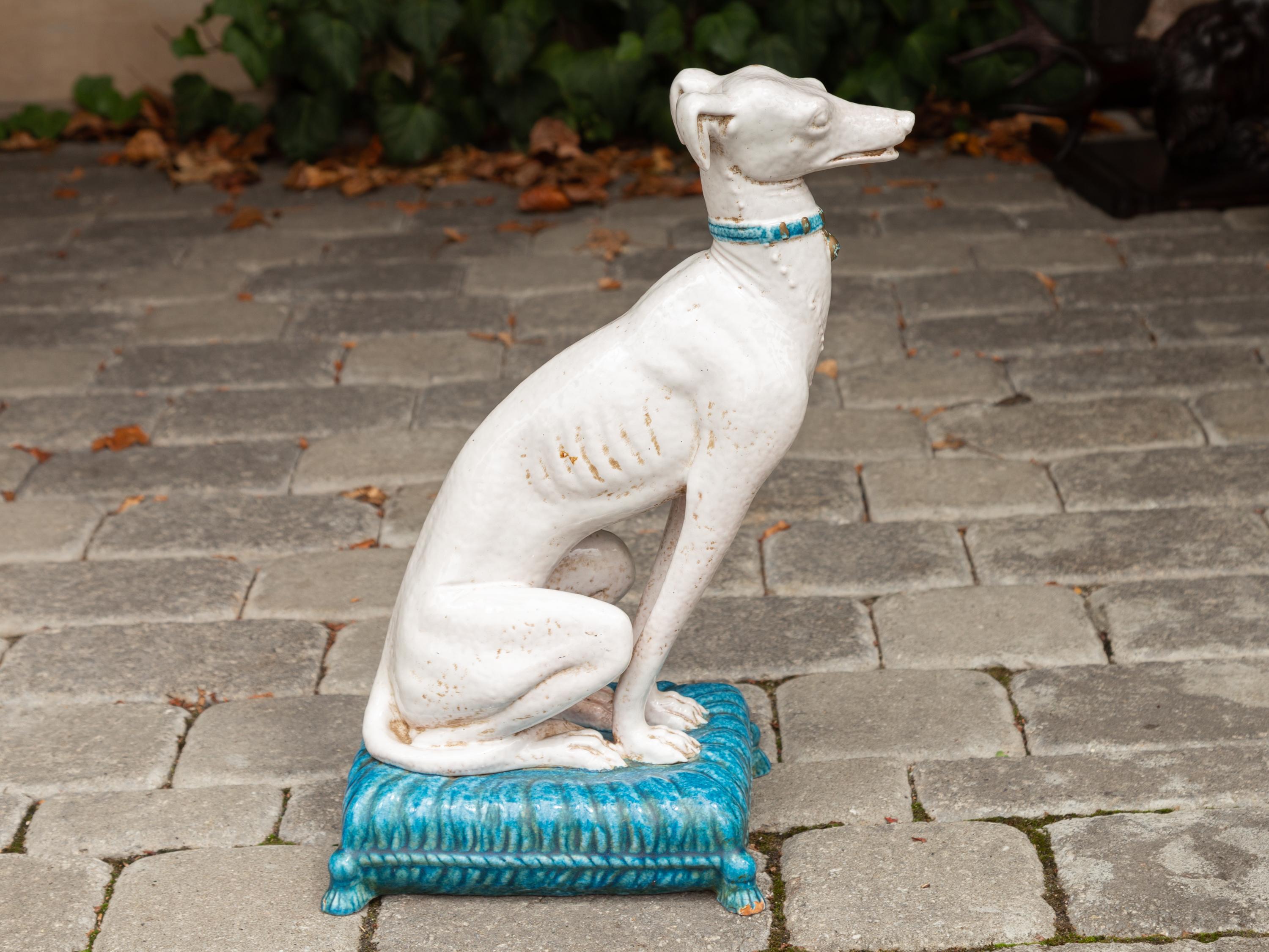 Vintage Italian Midcentury Porcelain Greyhound Dog Sitting on Blue Cushion For Sale 1