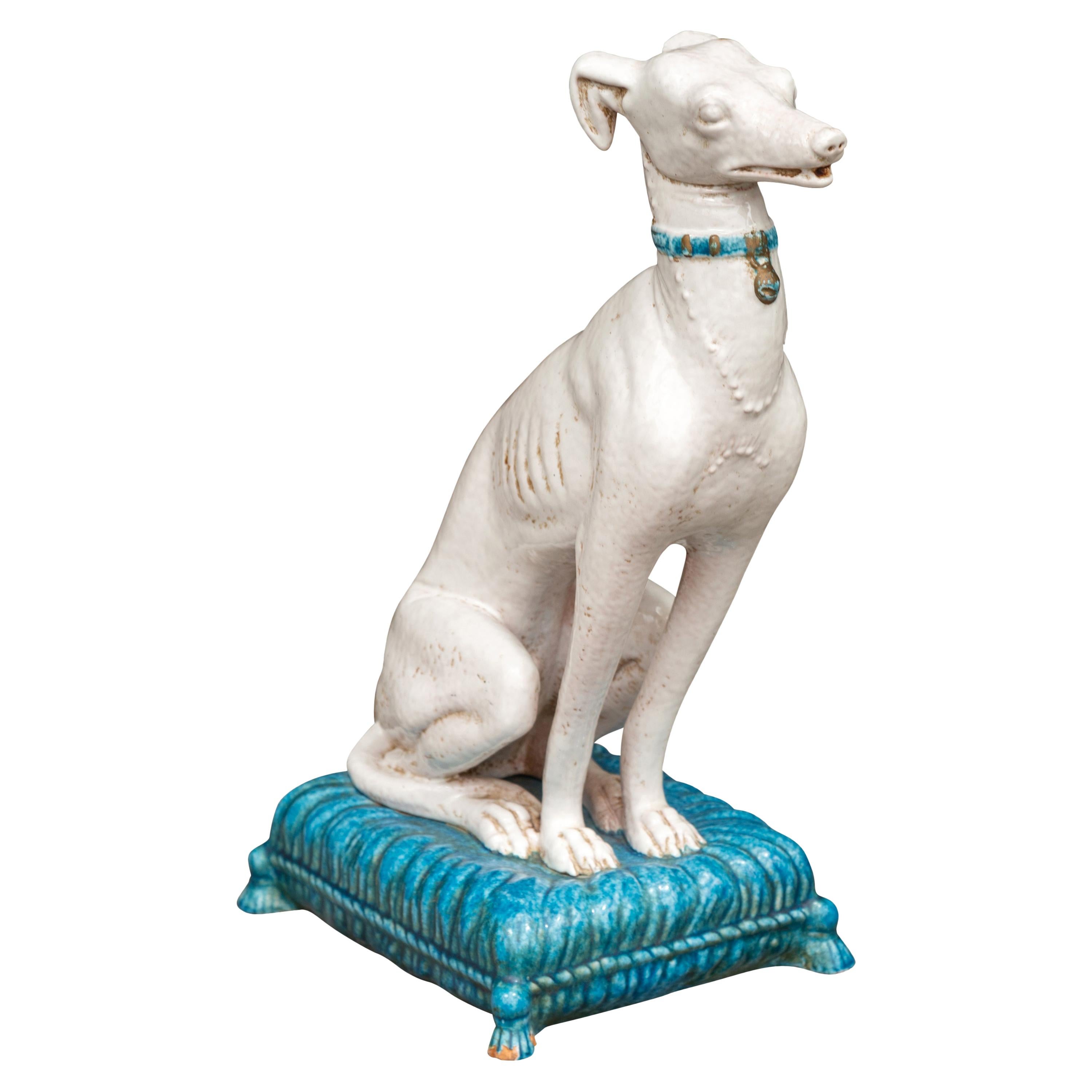 Vintage Italian Midcentury Porcelain Greyhound Dog Sitting on Blue Cushion