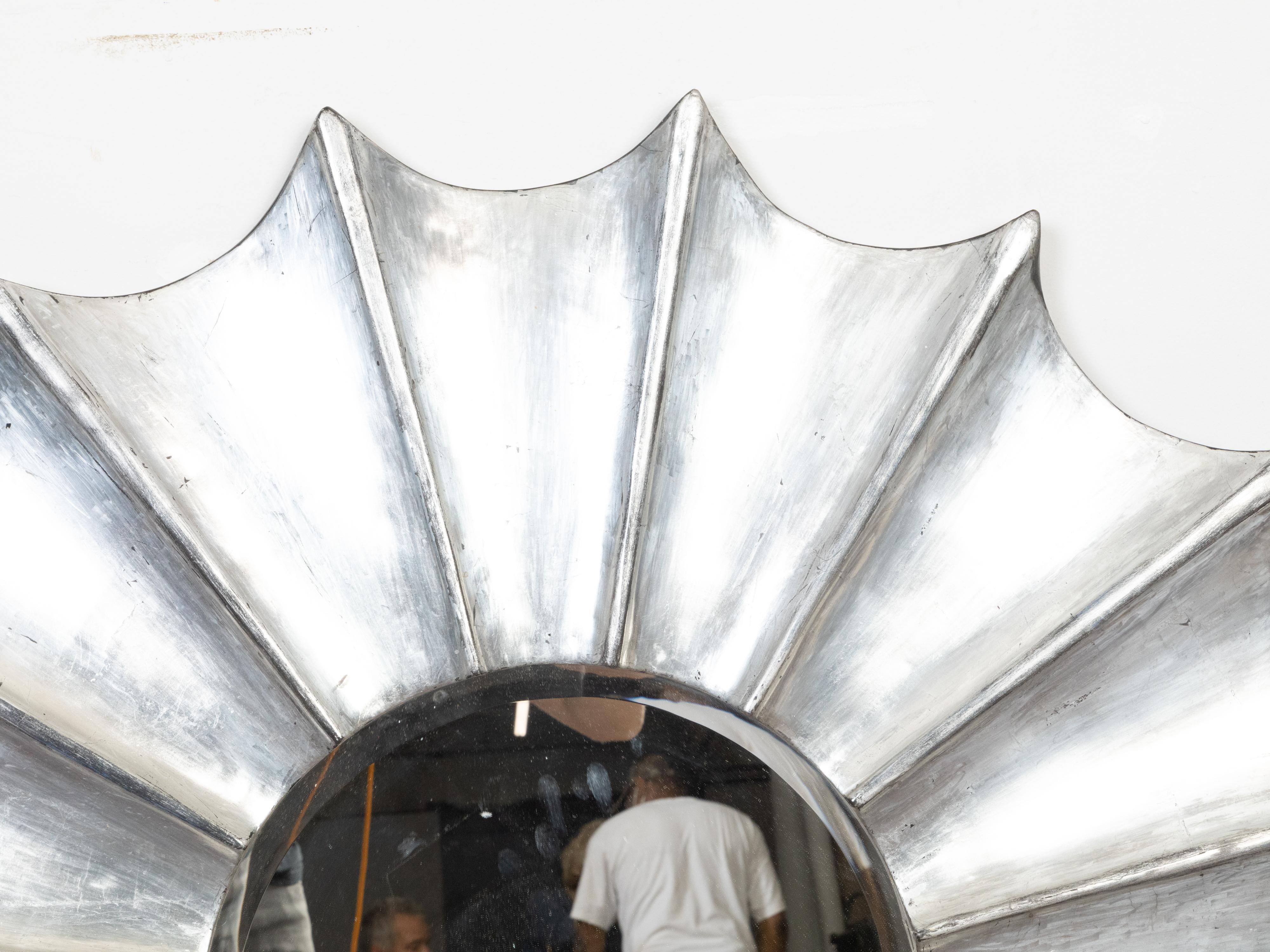 Carved Vintage Italian Midcentury Silver Leaf Sunburst Mirror with Beveled Plate For Sale