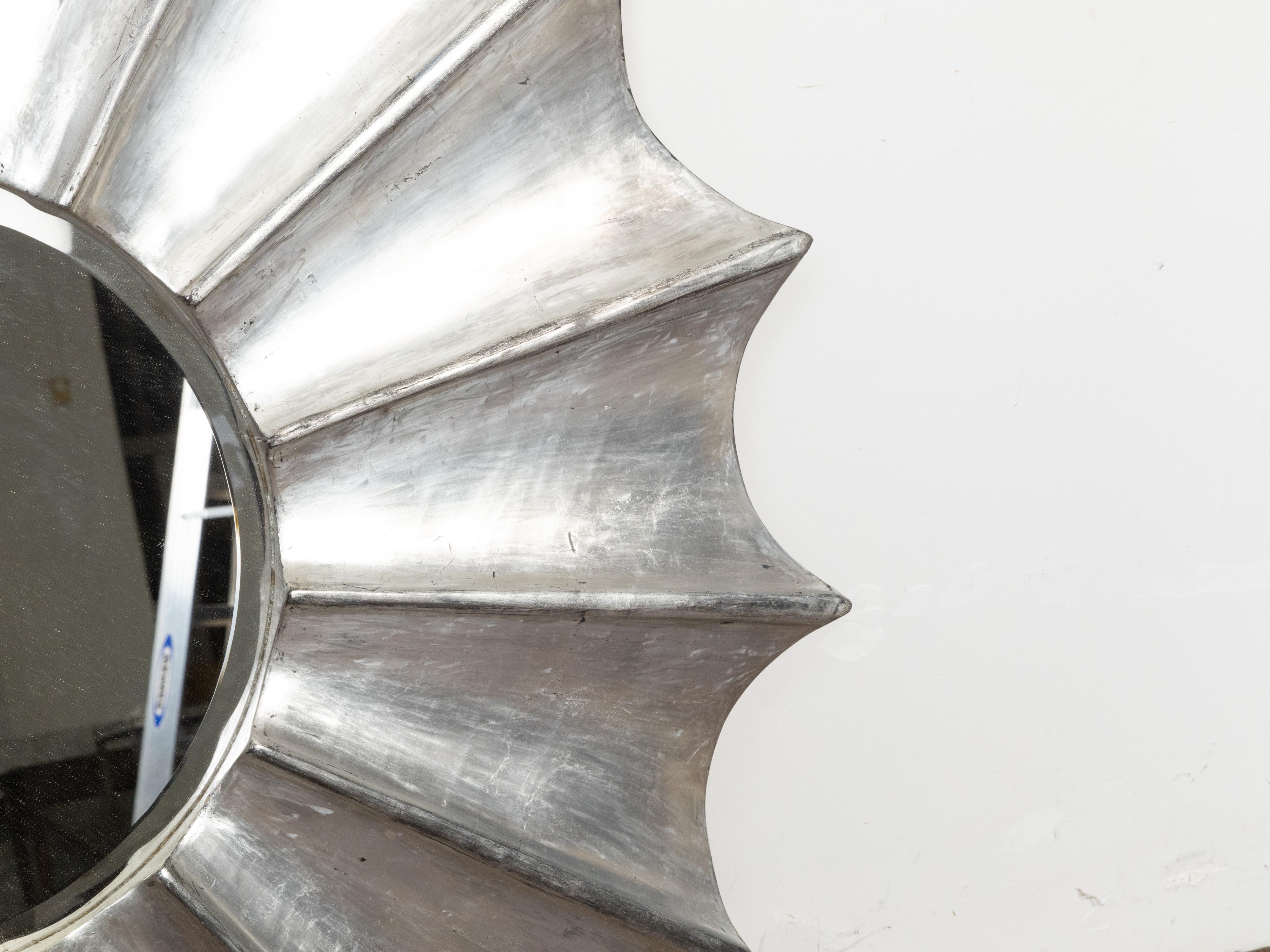 20th Century Vintage Italian Midcentury Silver Leaf Sunburst Mirror with Beveled Plate For Sale