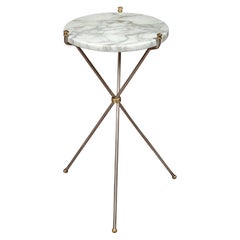 Vintage Italian Midcentury Steel and Brass Side Table with Veined Marble Top