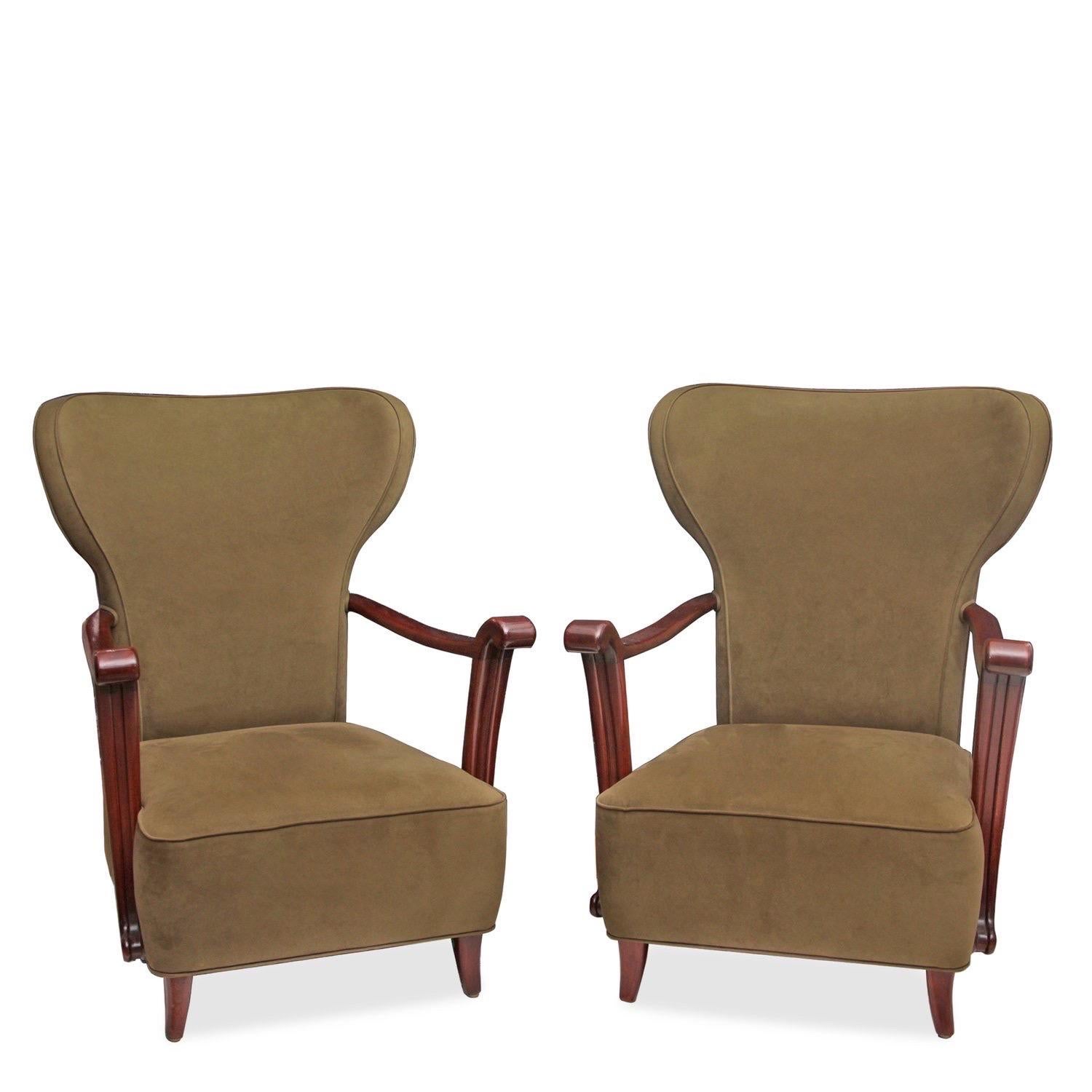 Matching pair of midcentury wingback-style lounge chairs with polished wood arms and olive green upholstery.

Italian, circa 1950.

Dimensions: 29”W x 28”D x 37.5”H - Seat Height: 14.5”H - Arm Height: 22”H