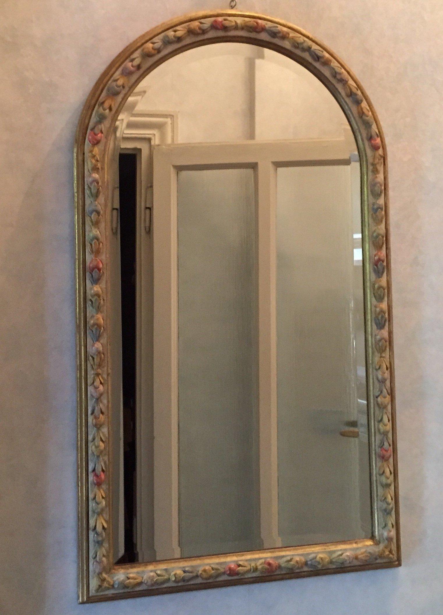 Italian Florentine Mirror by Chelini Painted Fruit Carving Decoration, 1980s For Sale 5