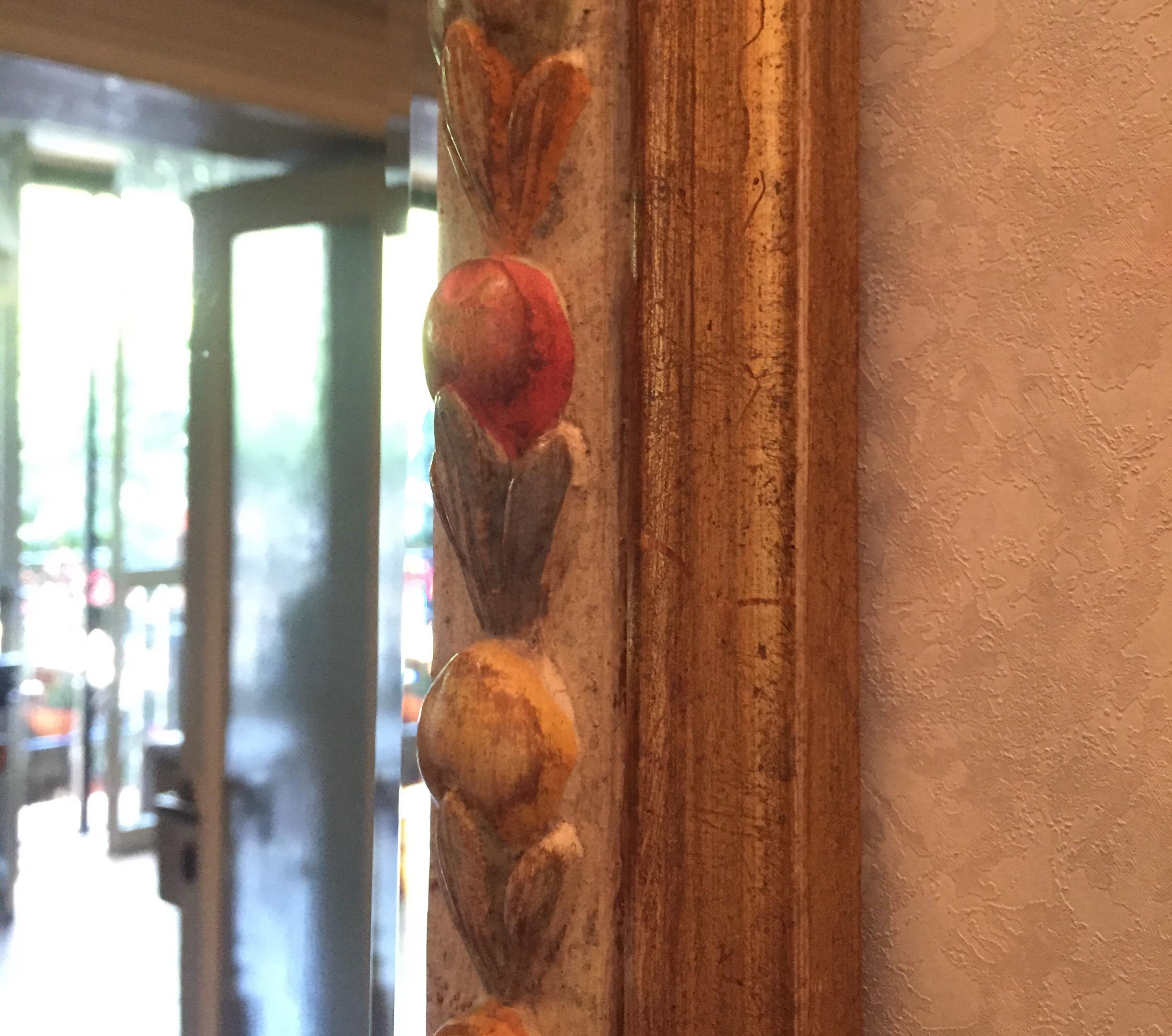 Wood Italian Florentine Mirror by Chelini Painted Fruit Carving Decoration, 1980s For Sale