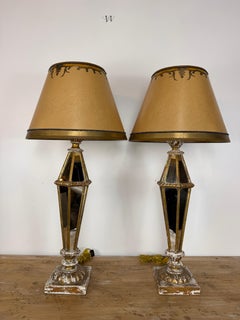 Vintage Italian Mirrored Obelisk Table Lamps, Giltwood, 1940s-60s