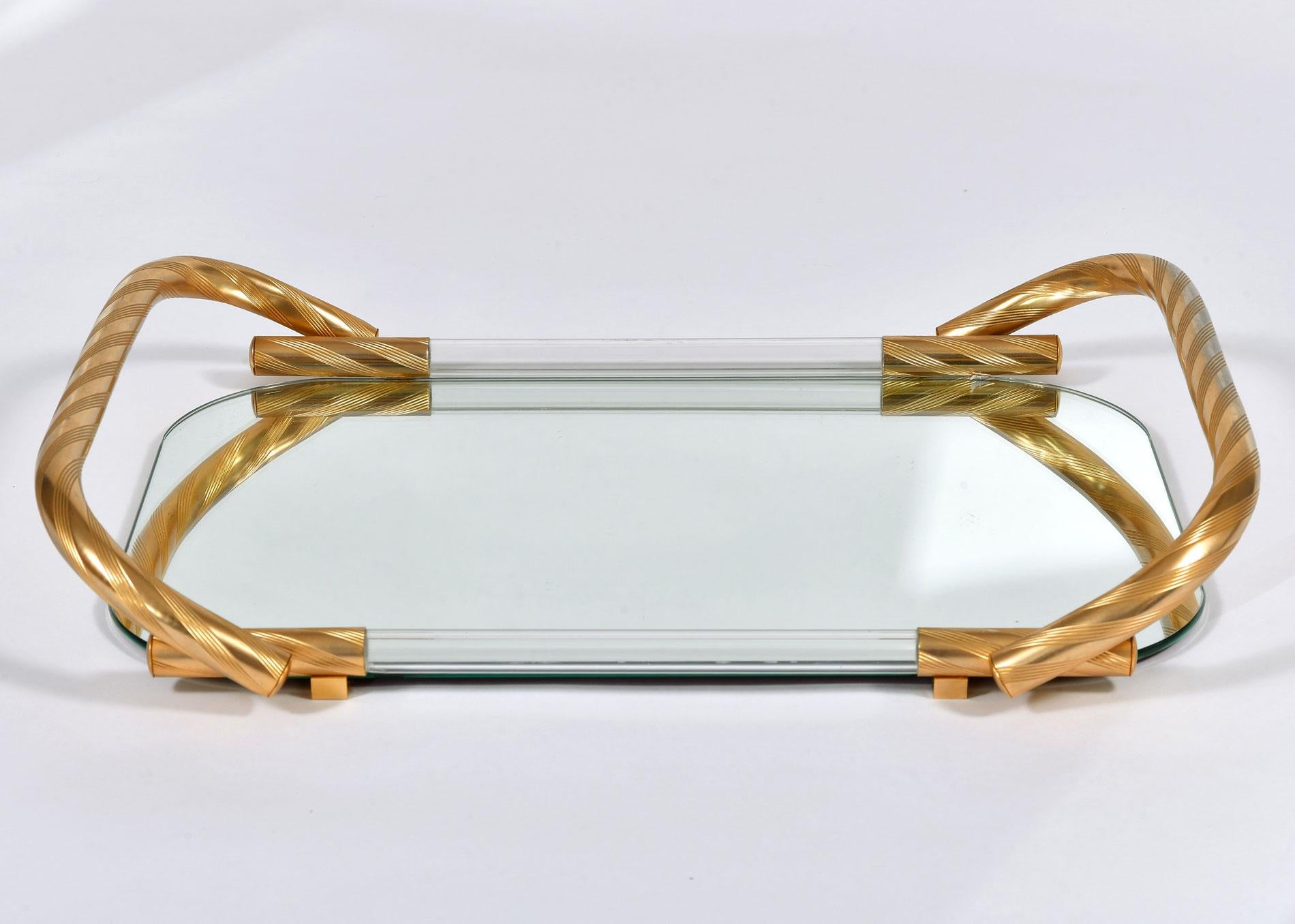 1970s rectangular mirrored tray with curved corners and brass rope-twist handles.