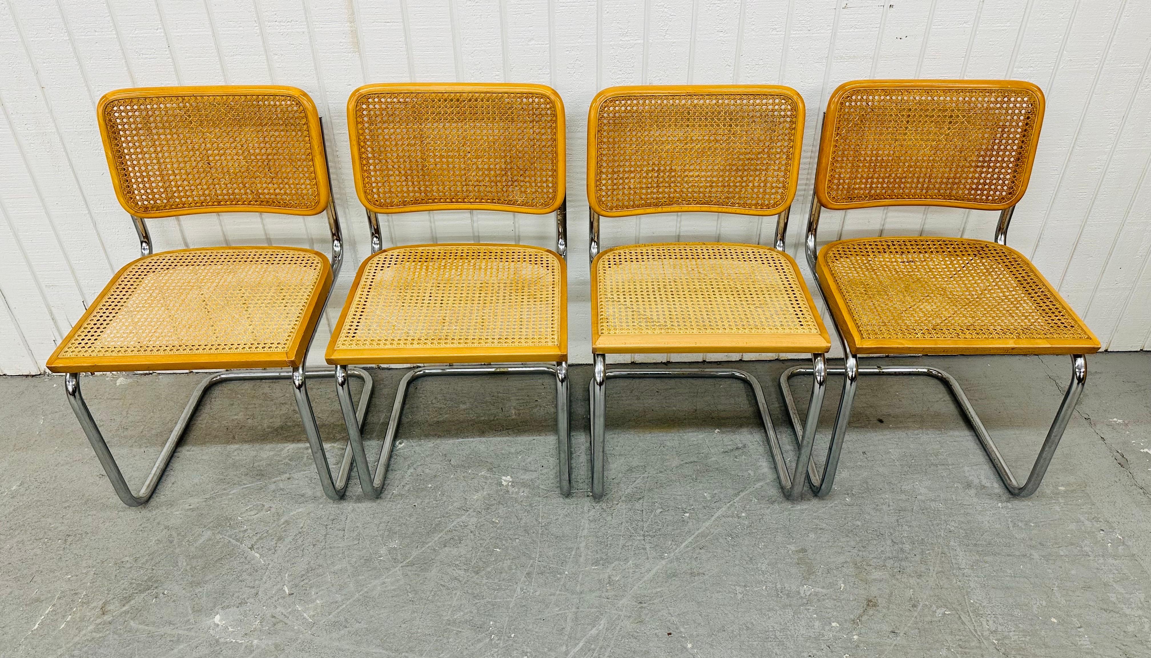This listing is for a set of four Vintage Italian Modern Cesca Cane Dining Chairs. Featuring four side chairs, tubular chrome frames, wooden caned seats and back rests. This is an exceptional combination of quality and design!