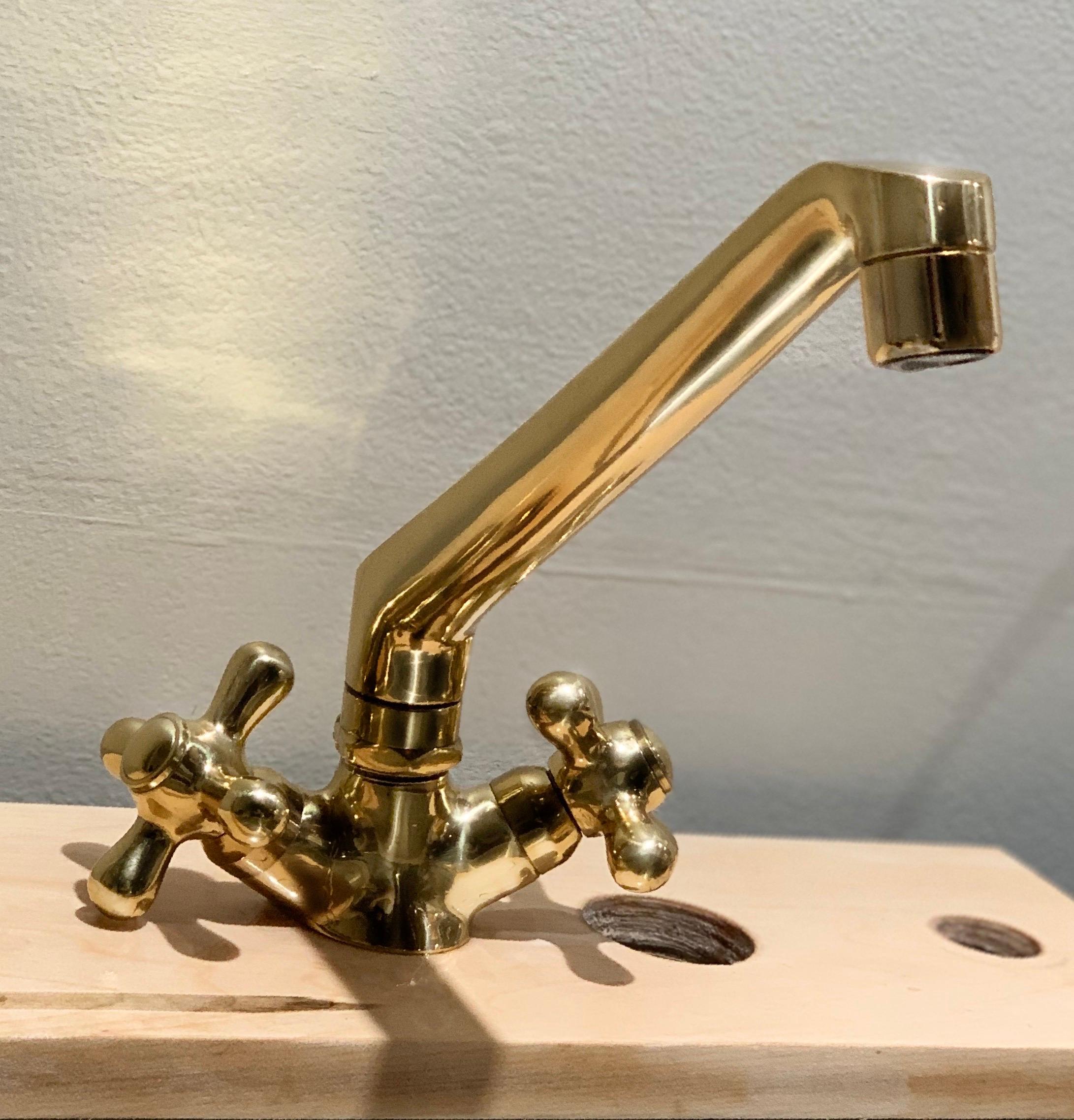 Vintage Italian Modern Fantini brass faucet, deck-mount, kitchen fixture, 1970s. “Mediterranean” model, very rare, display unit then stored in warehouse for decades. Many in Italy.