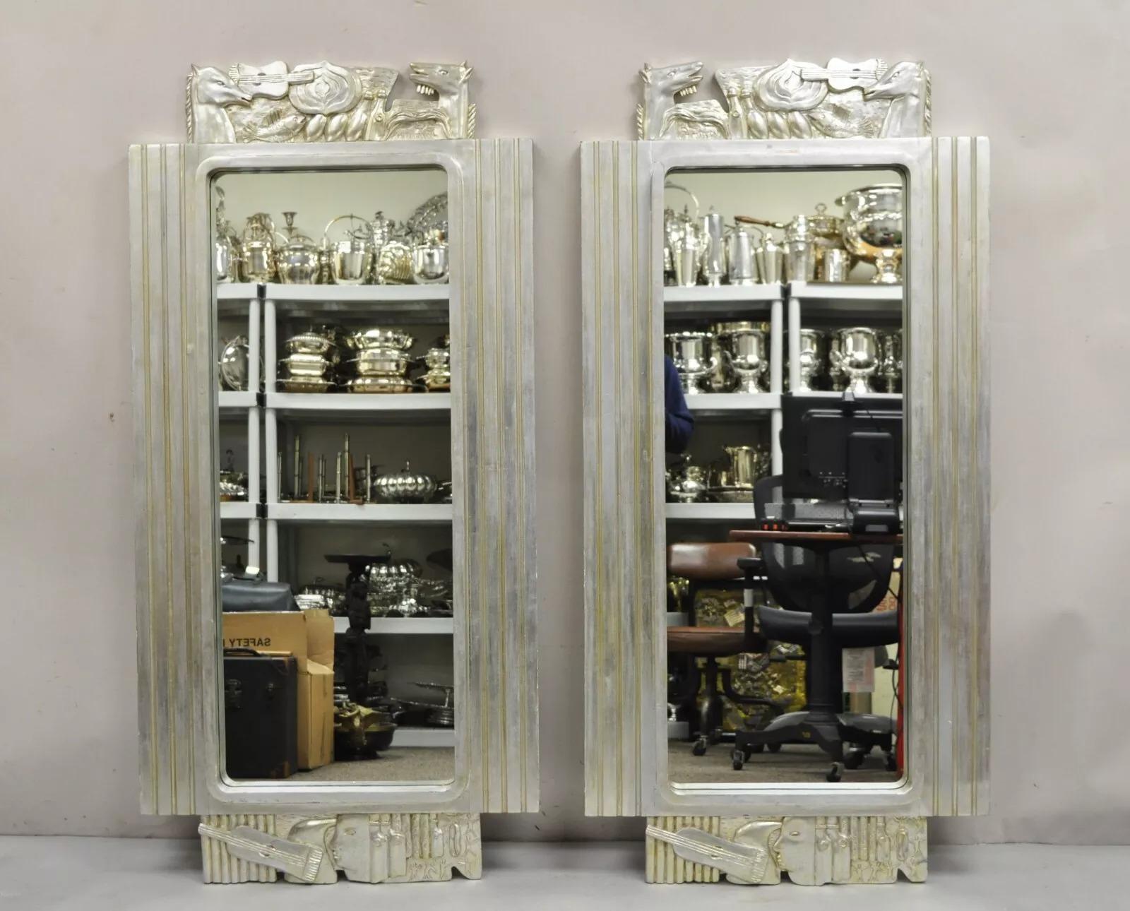 Vintage Italian Modern Figural Relief Carved Silver Leaf Wall Mirrors - a Pair For Sale 5