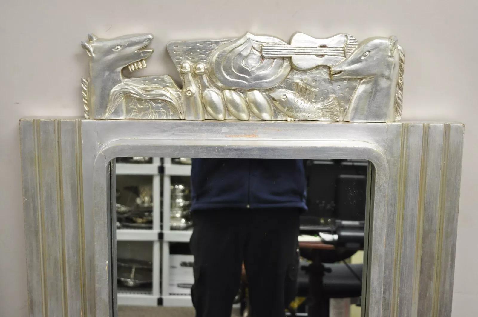 Vintage Italian Modern Figural Relief Carved Silver Leaf Wall Mirrors - a Pair For Sale 7