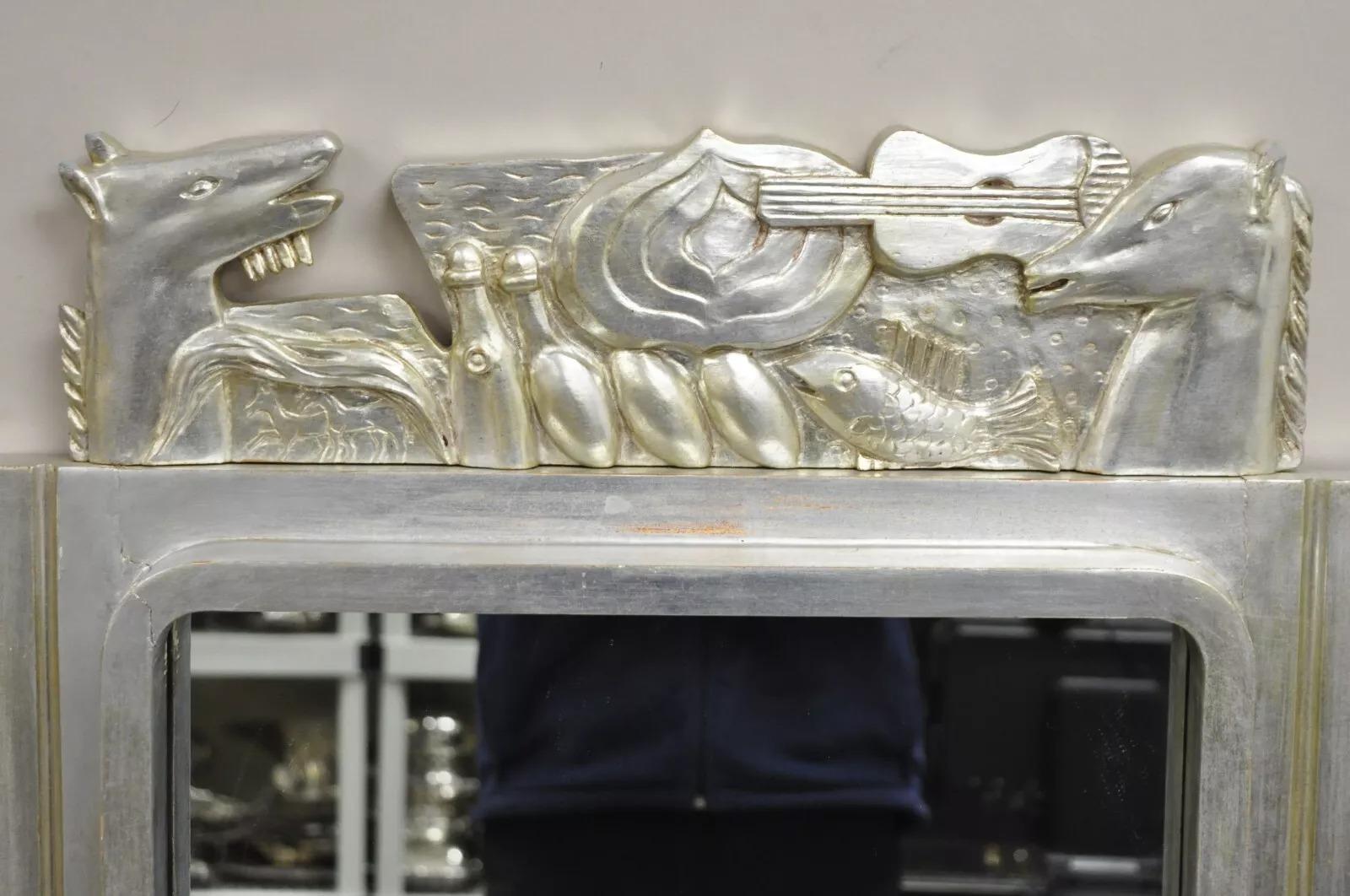 Mid-Century Modern Vintage Italian Modern Figural Relief Carved Silver Leaf Wall Mirrors - a Pair For Sale