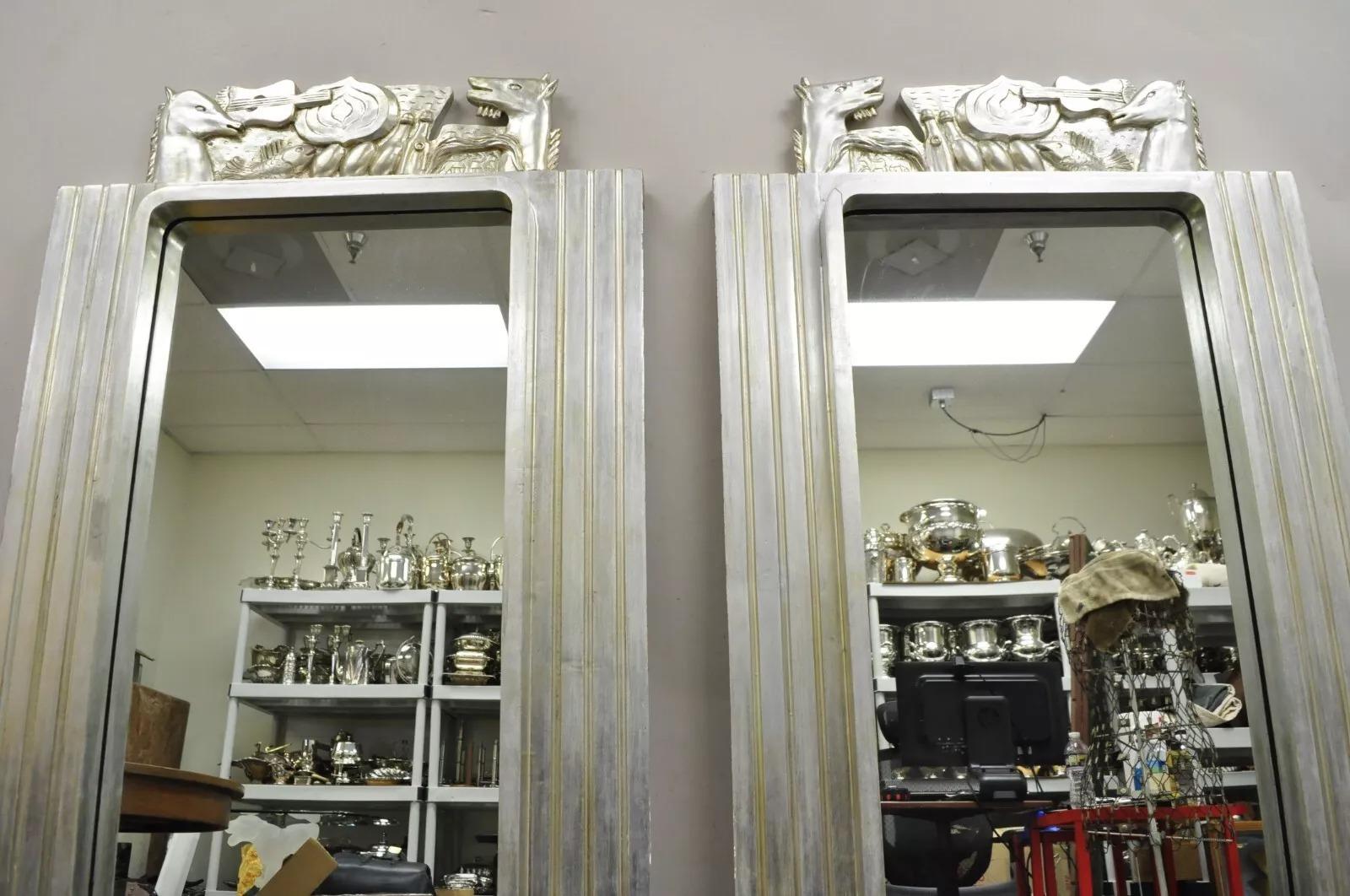 Vintage Italian Modern Figural Relief Carved Silver Leaf Wall Mirrors - a Pair In Good Condition For Sale In Philadelphia, PA