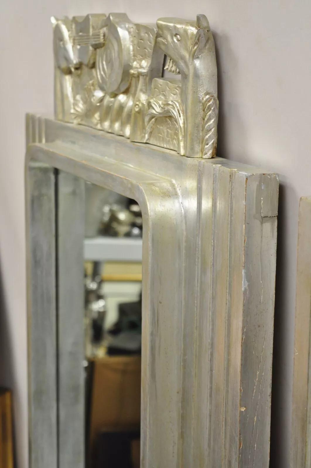 20th Century Vintage Italian Modern Figural Relief Carved Silver Leaf Wall Mirrors - a Pair For Sale