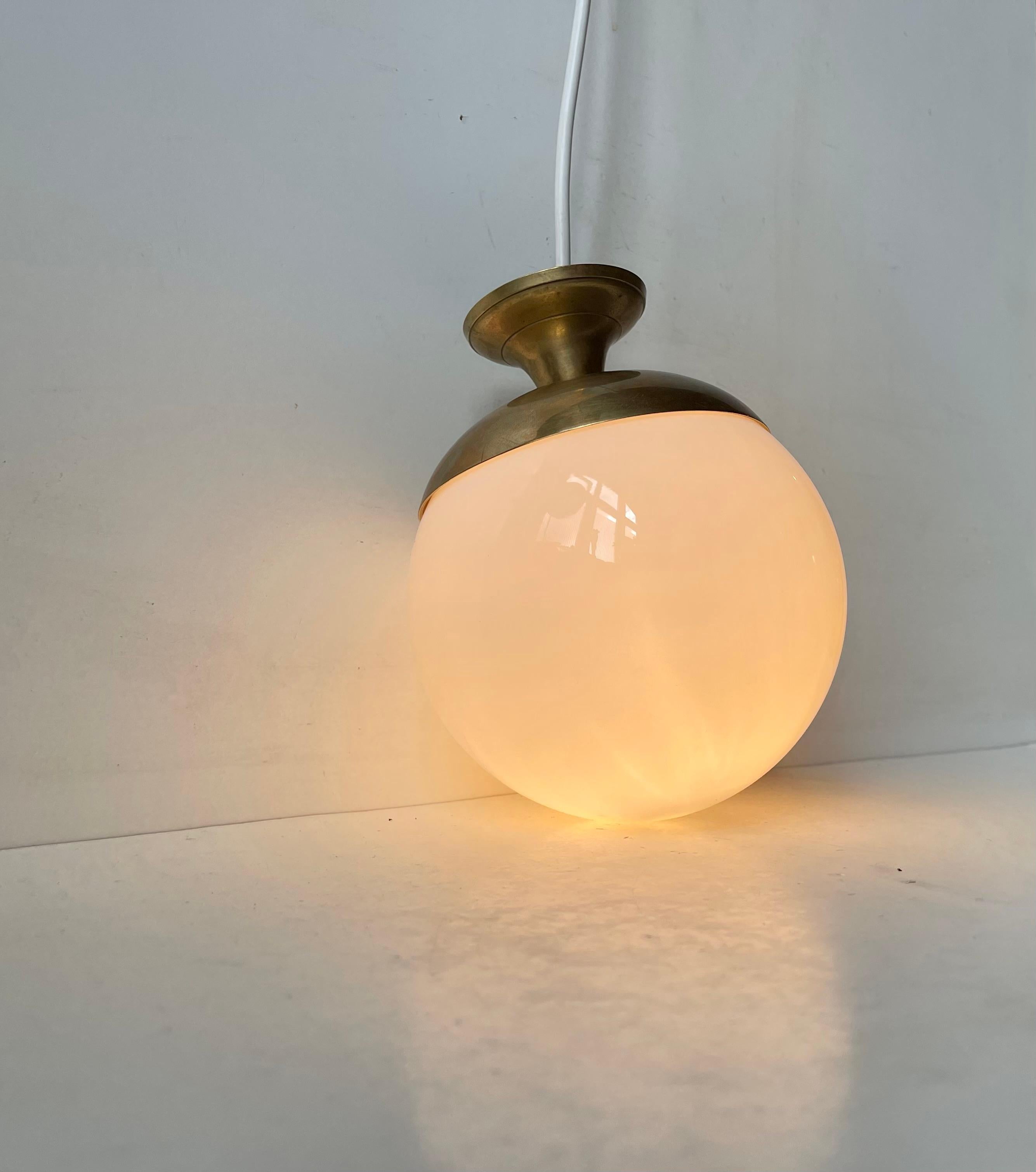 Mid-Century Modern Vintage Italian Modern Globe hanging Lamp in White Glass & Brass For Sale