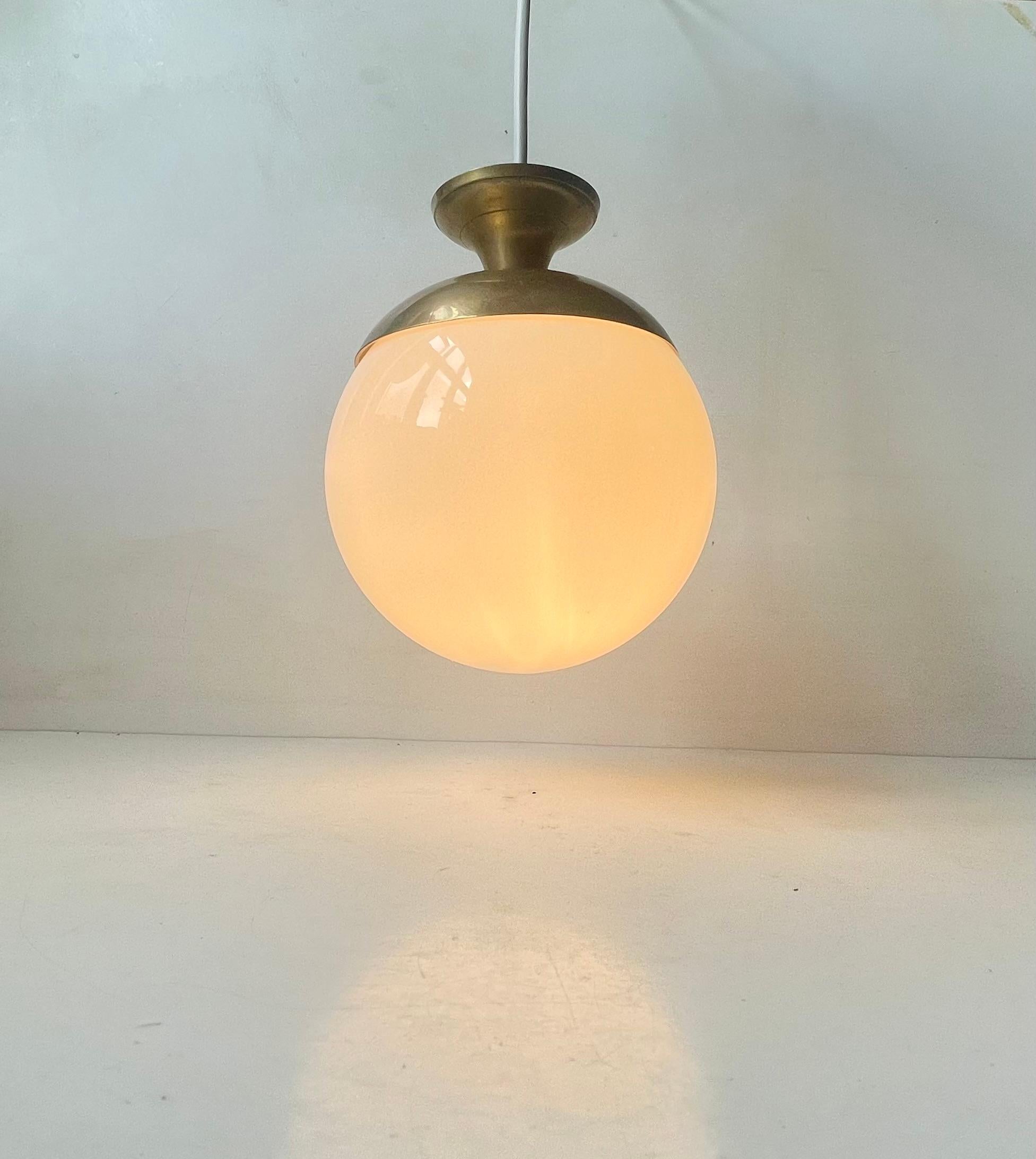 Mid-20th Century Vintage Italian Modern Globe hanging Lamp in White Glass & Brass For Sale