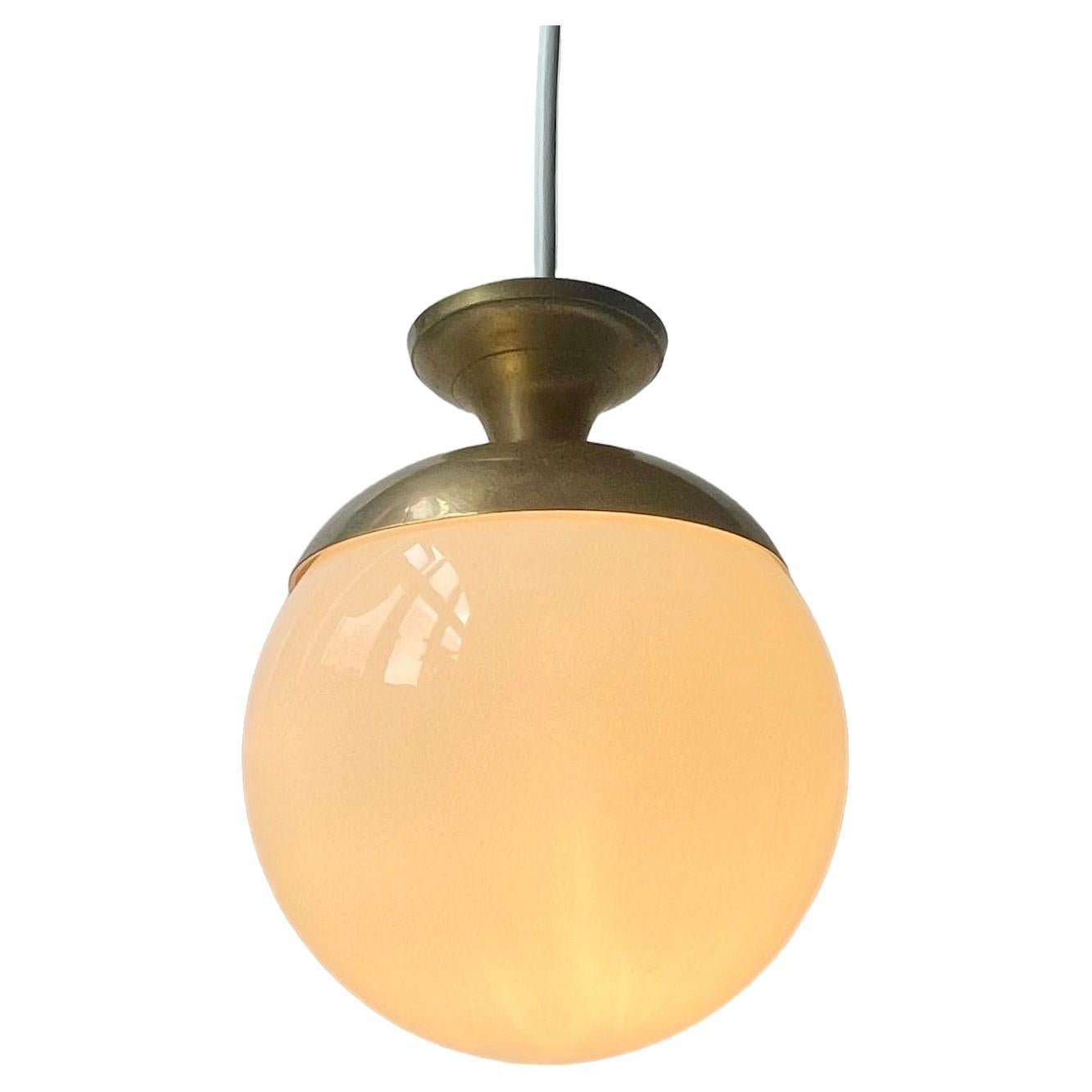 Vintage Italian Modern Globe hanging Lamp in White Glass & Brass For Sale