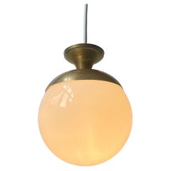 Retro Italian Modern Globe hanging Lamp in White Glass & Brass