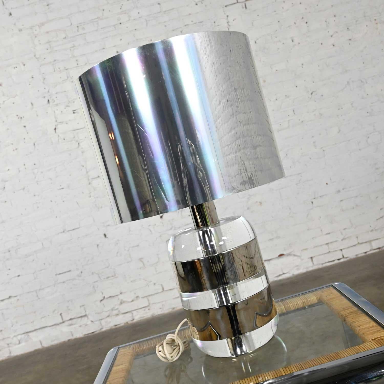 20th Century Vintage Italian Modern Lucite & Chrome Lamp Polished Aluminum Shade by Noel B.C For Sale