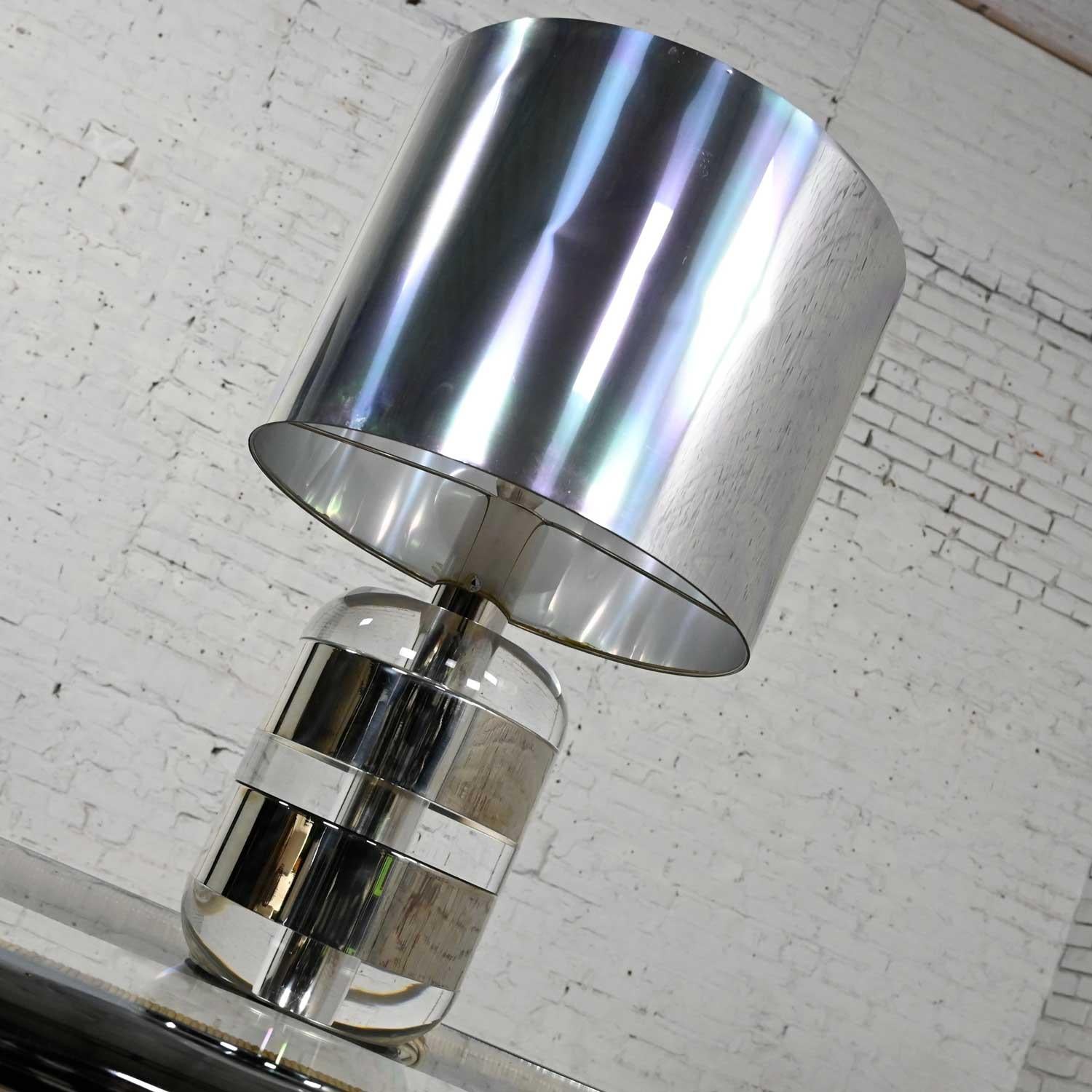 Vintage Italian Modern Lucite & Chrome Lamp Polished Aluminum Shade by Noel B.C For Sale 2