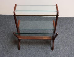 Vintage Italian Modern Sculptural Walnut, Brass and Glass Magazine Rack / Stand