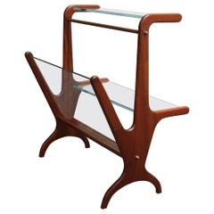 Vintage Italian Modern Sculptural Walnut, Brass and Glass Magazine Rack / Stand