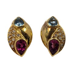 Boucles d
oreilles aigue-marine, rubellite et diamant vintage italien moderniste 18k