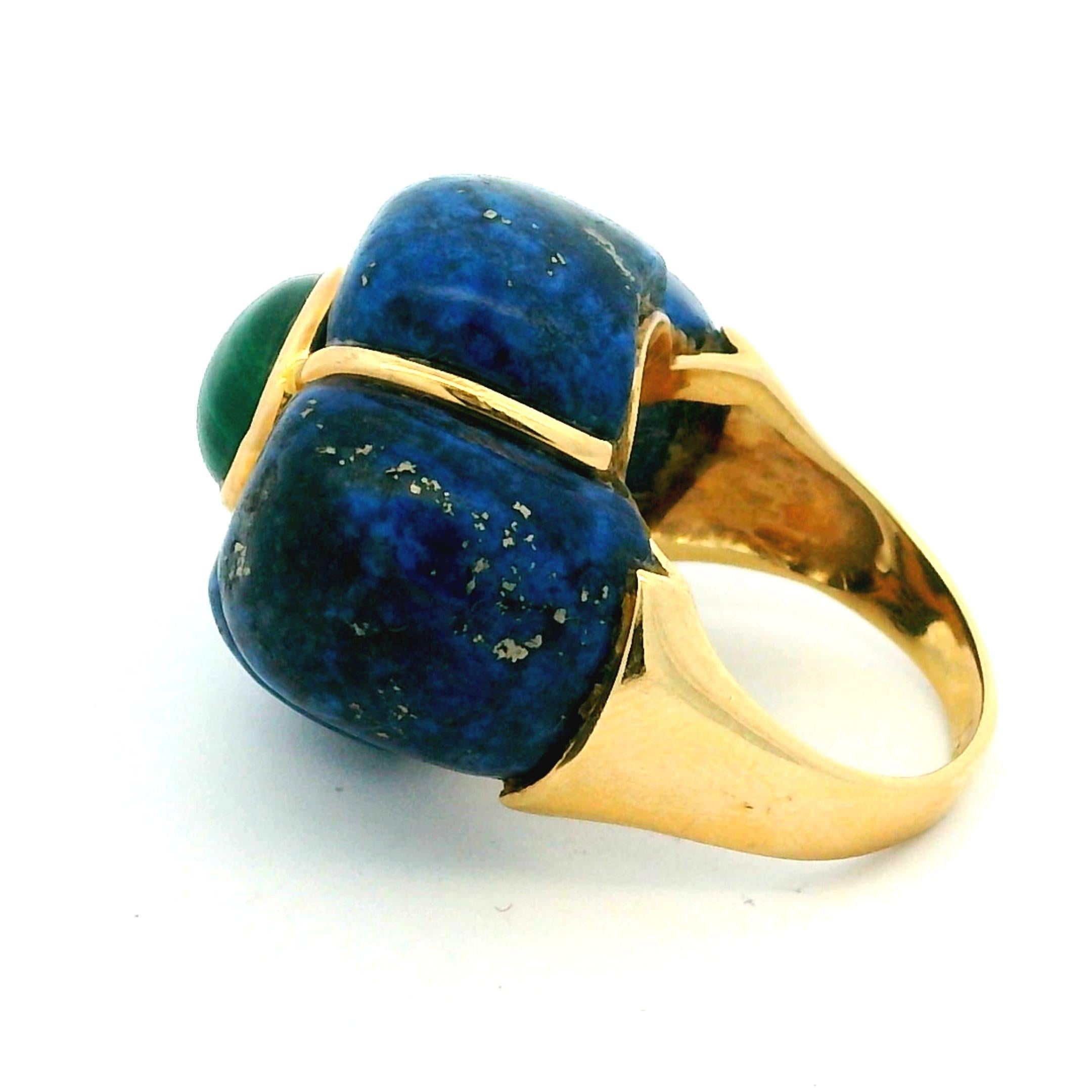Anello modernista italiano d'epoca in oro 18 carati con malachite e lapis, circa anni '70 in vendita 5