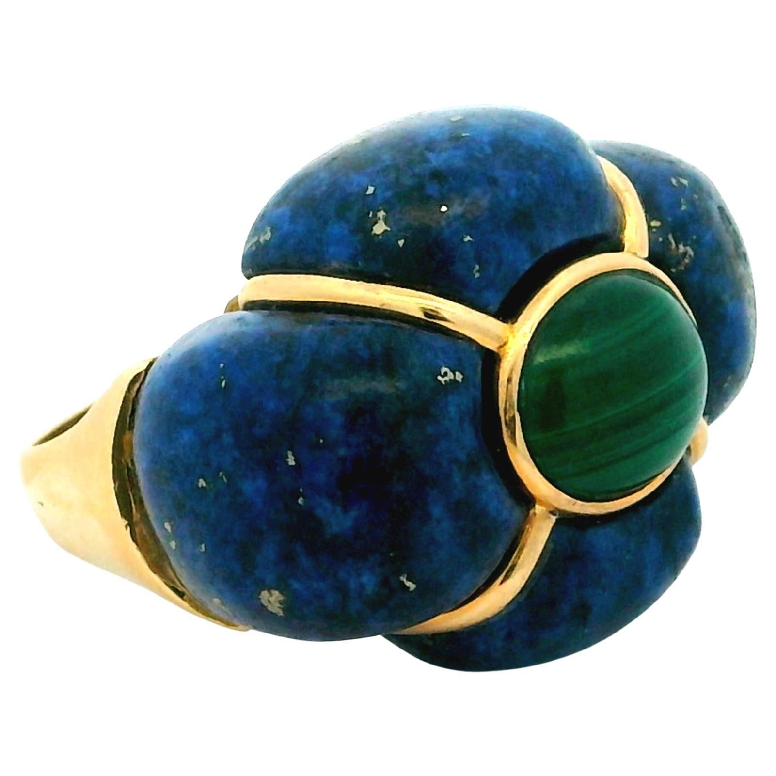 Vintage Italian Modernist 18K Gold Ring with Malachite and Lapis, circa 1970s