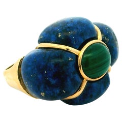 Vintage Italian Modernist 18K Gold Ring with Malachite and Lapis, circa 1970s