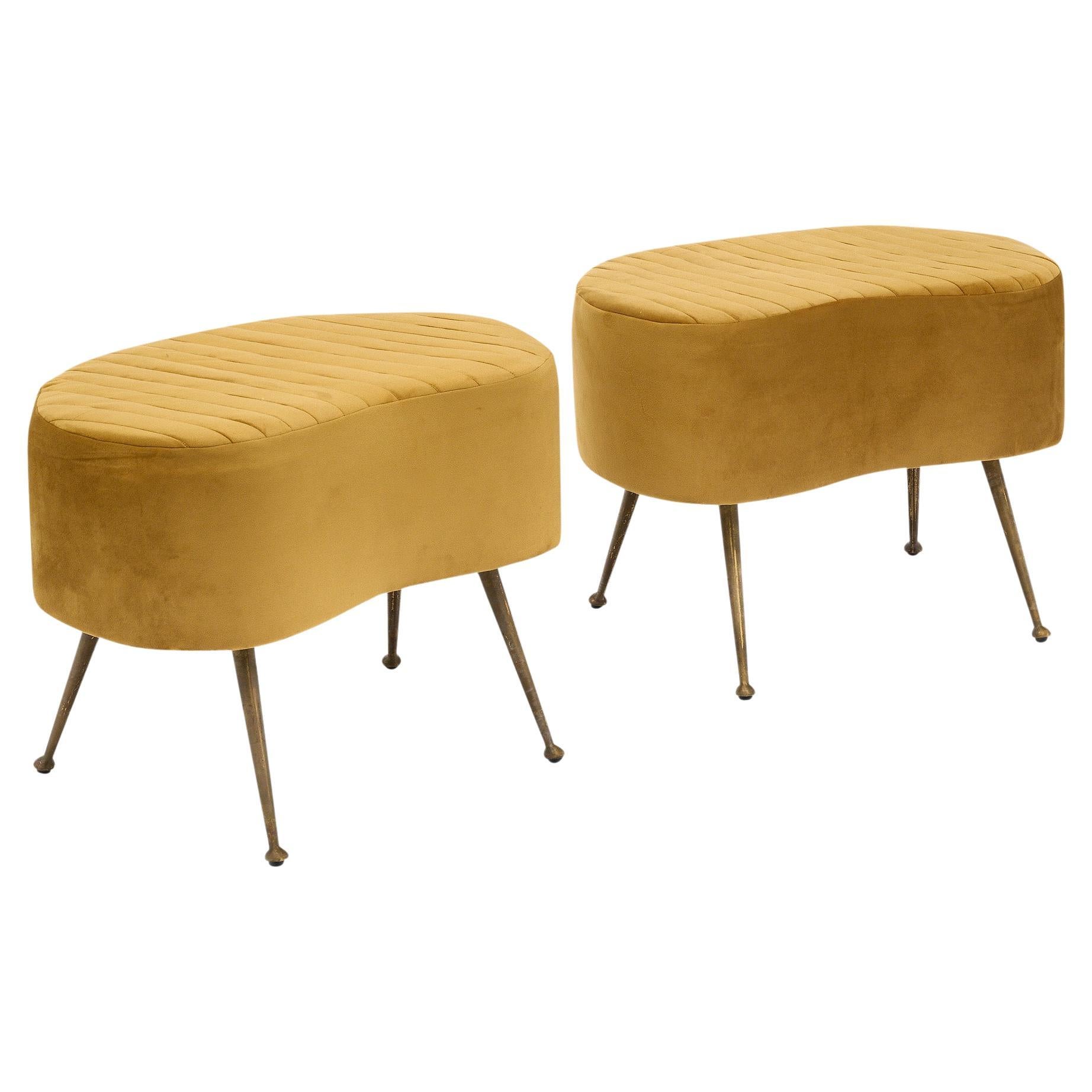 Vintage Italian Mid-Century Stools with Brass Legs and Gold Upholstery
