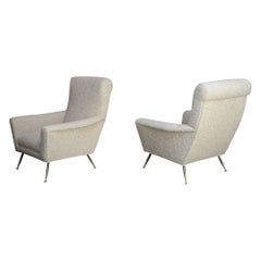 Vintage Italian Modernist Lounge Chairs in Brass and Tawny Bouclé